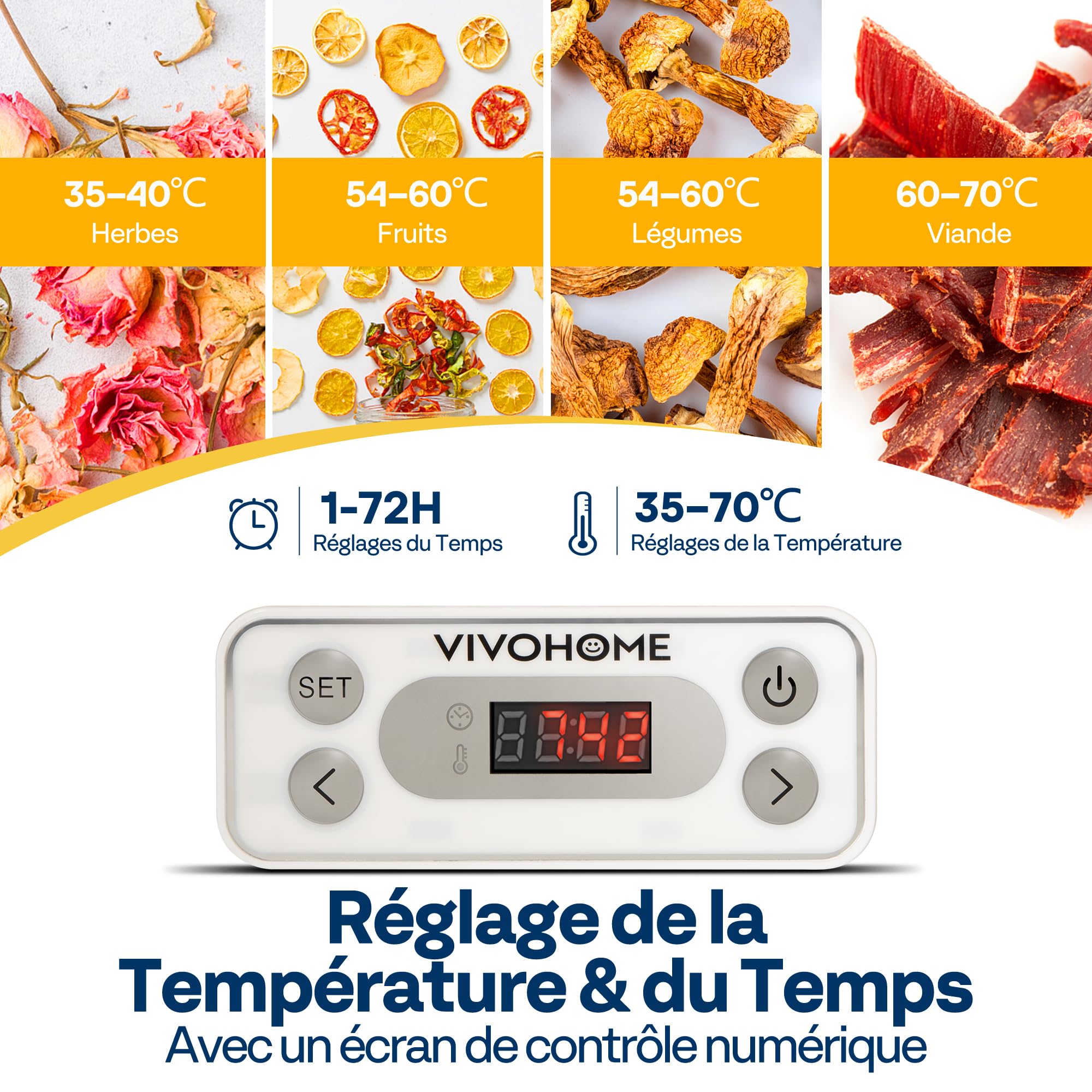 VIVOHOME Déshydrateur Alimentaire Séchoir 5 Plateaux 400W sans BPA, Température Réglable 35°C-70°C avec Minuterie 72h Lyophilisateur pour Fruits Séchés Viande Légumes Champignons Blanc