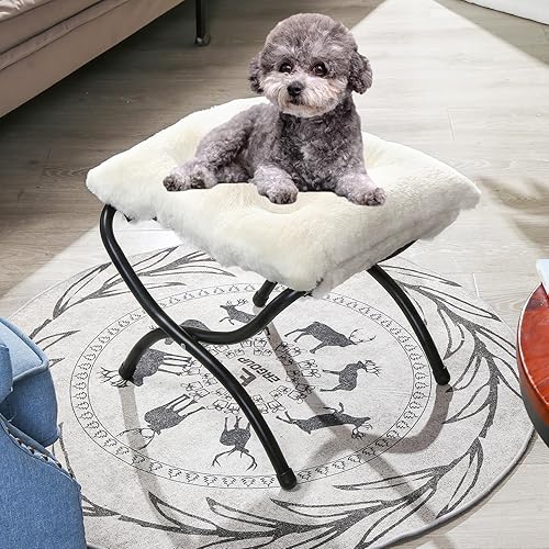 Miniatura 5 de Taburete otomano plegable de 15 pulgadas con marco de metal, reposapiés tapizado beige de piel sintética lavable para interiores y exteriores, sala