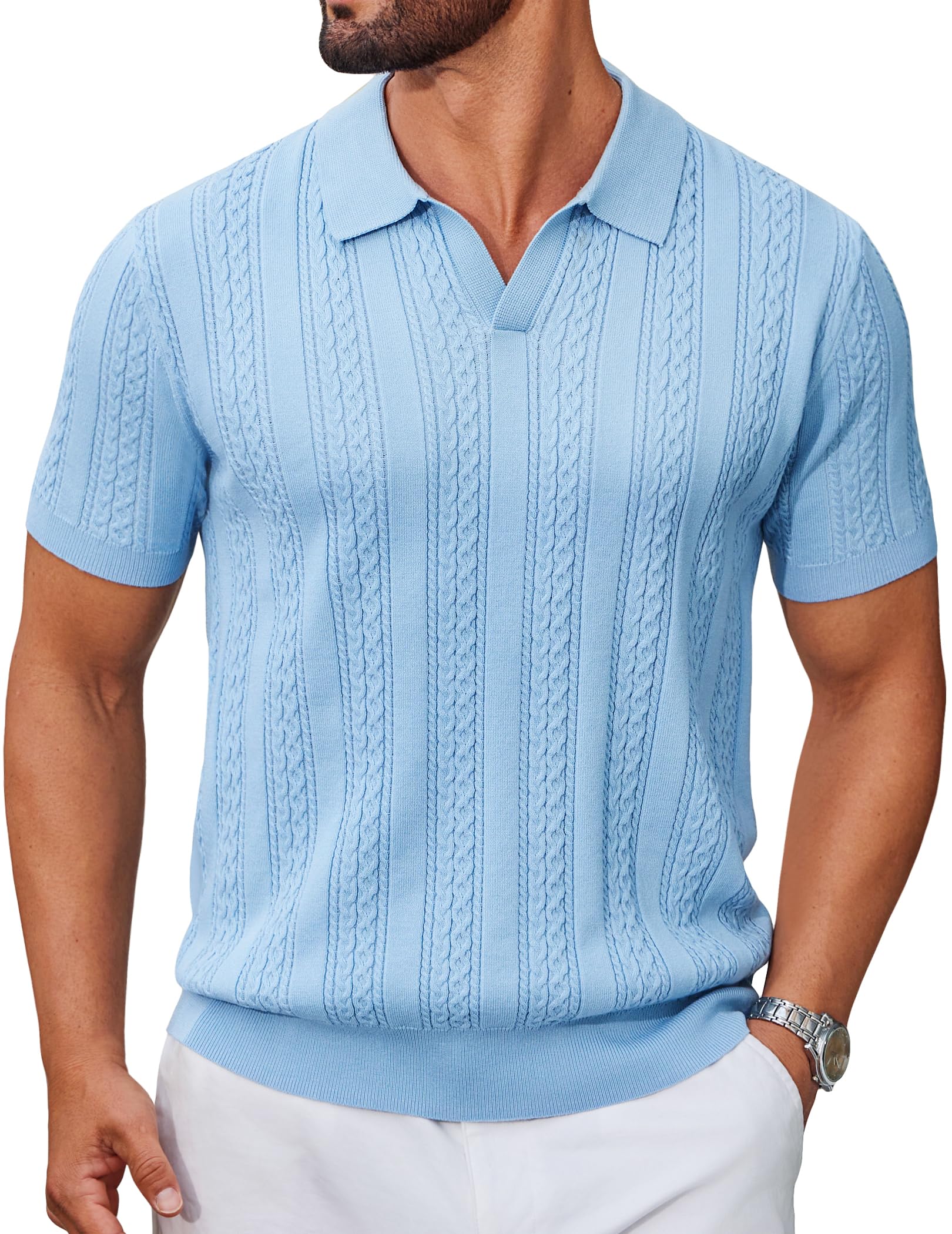 Mens Knit Polo Shirts Short Sleeve Textured Polo Shirt V-Neck Casual Stretch Summer Golf Tops