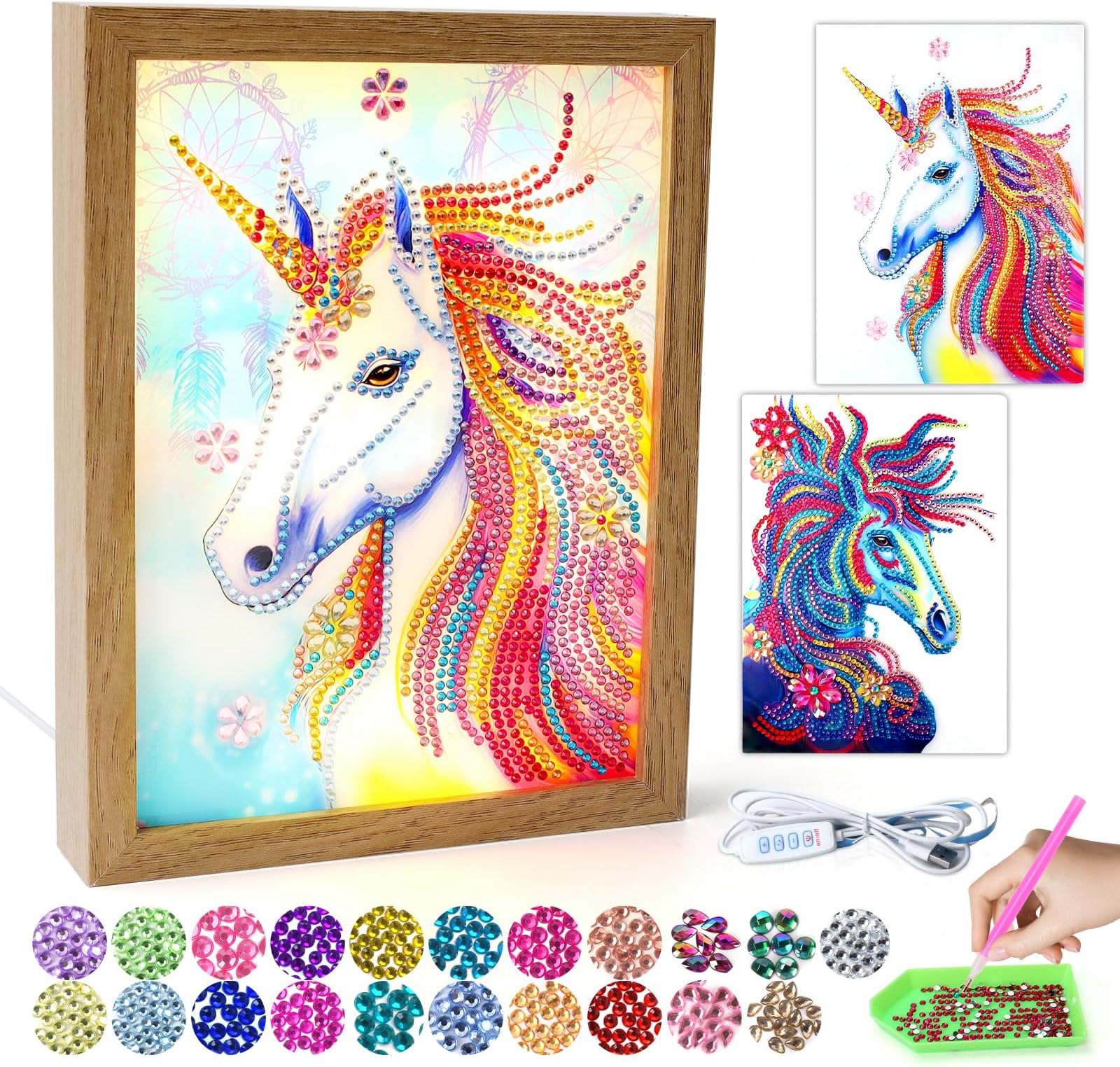 pearoft 3 In 1 Diamond Painting Picture Frame with Nightlight Arts and Crafts for Kids - Unicorn Birthday Gifts for Girls Boys