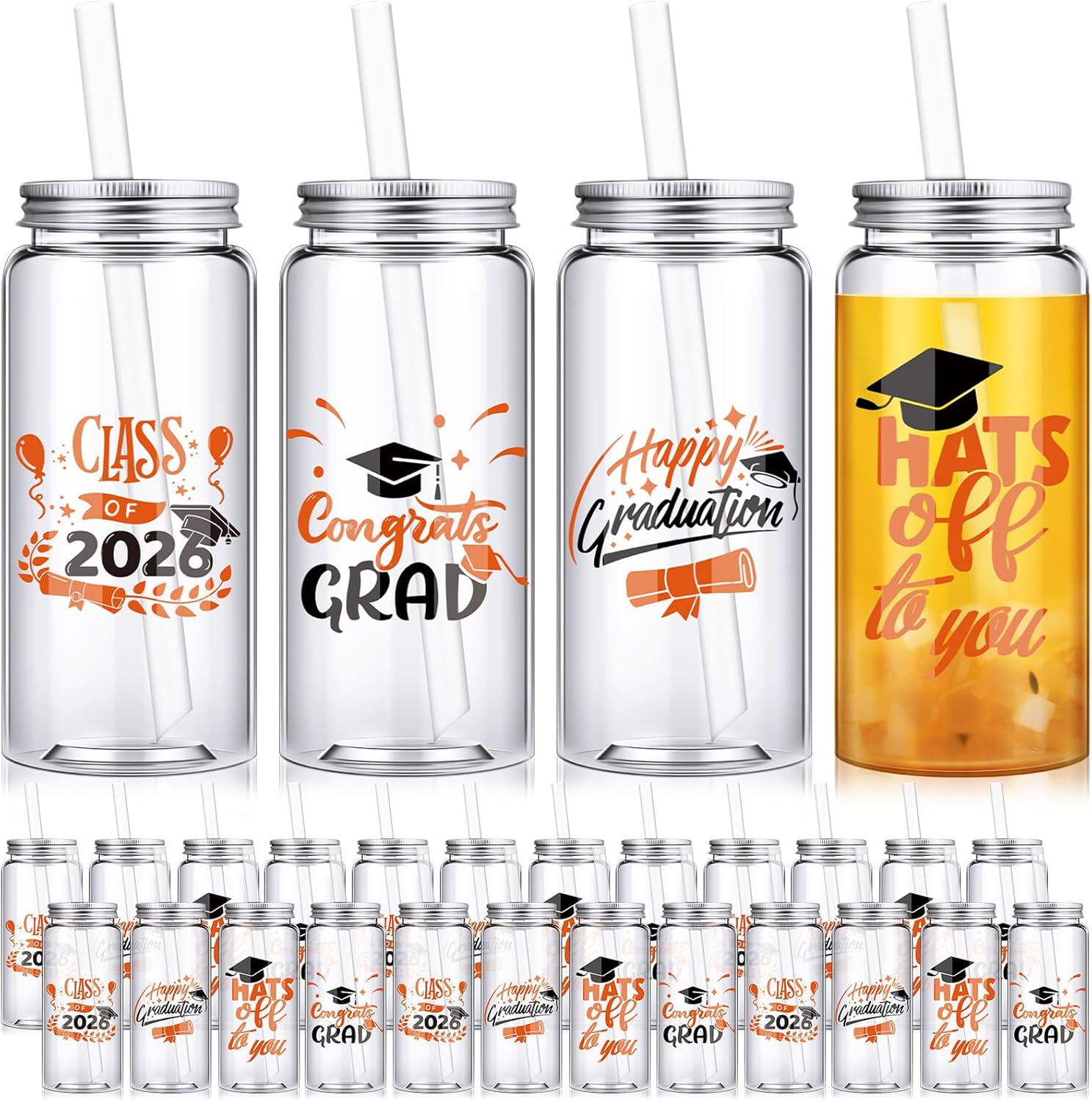 24 Pcs Graduation Cups with Straws Bulk 13.5 oz Class of 2026 Plastic Mason Jars Reusable Tumbler Coffee Tea Hot Cocoa Beverage Happy Graduation Tumbler for Congrats Grad Party Gifts(Orange)