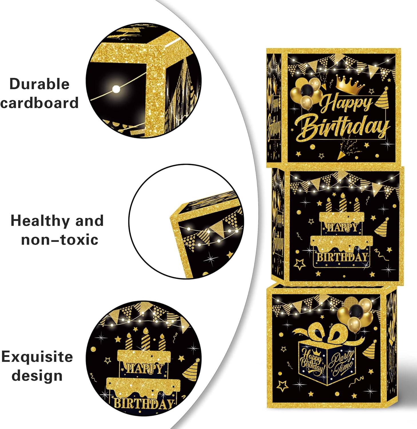 Gold Birthday Party Decorations Kit for Men,3pcs birthday Decorations for Men boys black and gold Balloon Boxes Birthday Party Favors - Image 4