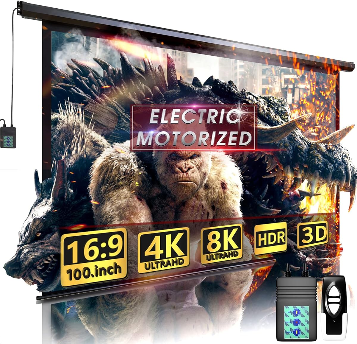 100" Motorized Projector Screen - Indoor and Outdoor Movies Screen 100 inch Electric 16:9 Projector Screen W/Remote Control