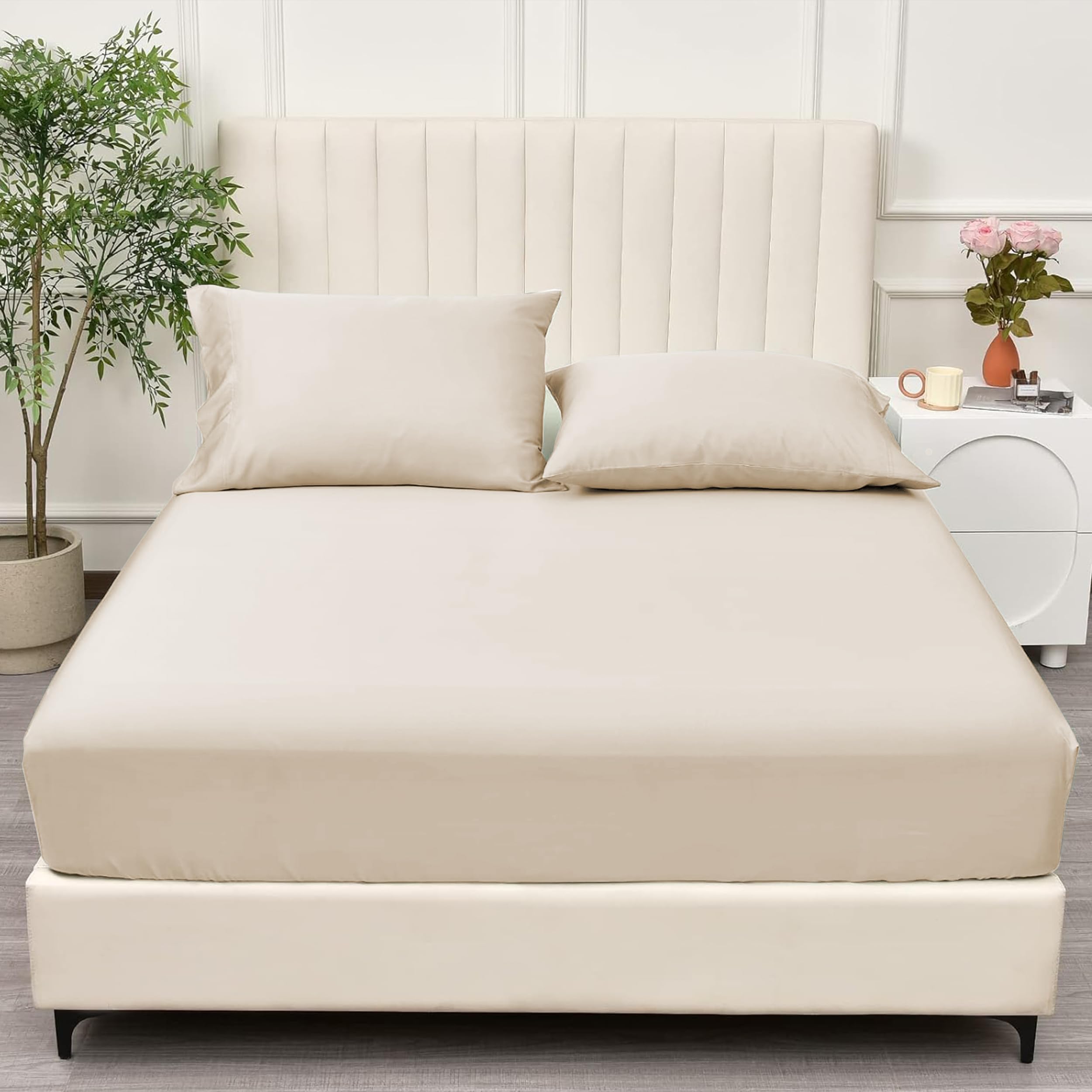 PRIME LINENS Brushed Microfiber Fitted Sheet 30 Cm Deep Pocket Easy Care Bed Sheet Ultra Soft Bottom Sheet Shrinkage & Fade Resistant (Cream, King) — image 1