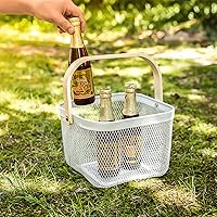 Vista 6 de Cesta organizadora de almacenamiento de acero de malla, cesta de frutas con mango de madera, ideal para cocina, baño, cestas de picnic, despensa