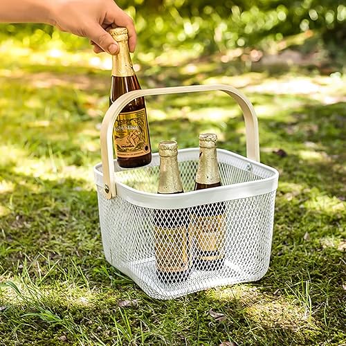 Miniatura 6 de Cesta organizadora de almacenamiento de acero de malla, cesta de frutas con mango de madera, ideal para cocina, baño, cestas de picnic, despensa,