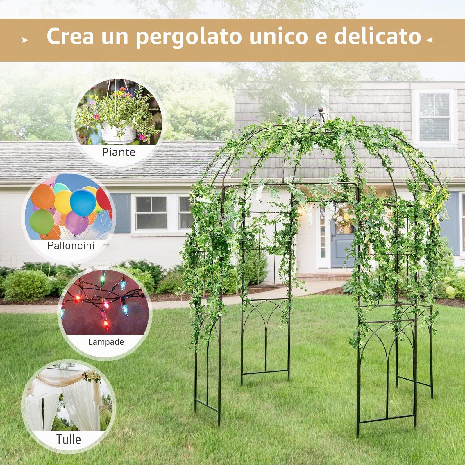 HOMASIS Pavillon per rose in metallo, arco per giardino con ganci e tetto, pergolato per piante rampicanti, pergola da giardino per matrimoni (211x211x256cm, bronzo)