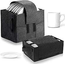 OUZHOU 2 PCS Camping Storage Bag, Felt Plate and Mug Storage Box, Tableware Organiser Storage Bag with Dividers, Caravan Plate Holder for Protecting Motorhome Cupboard Kitchen Cookware(Dark Gray)