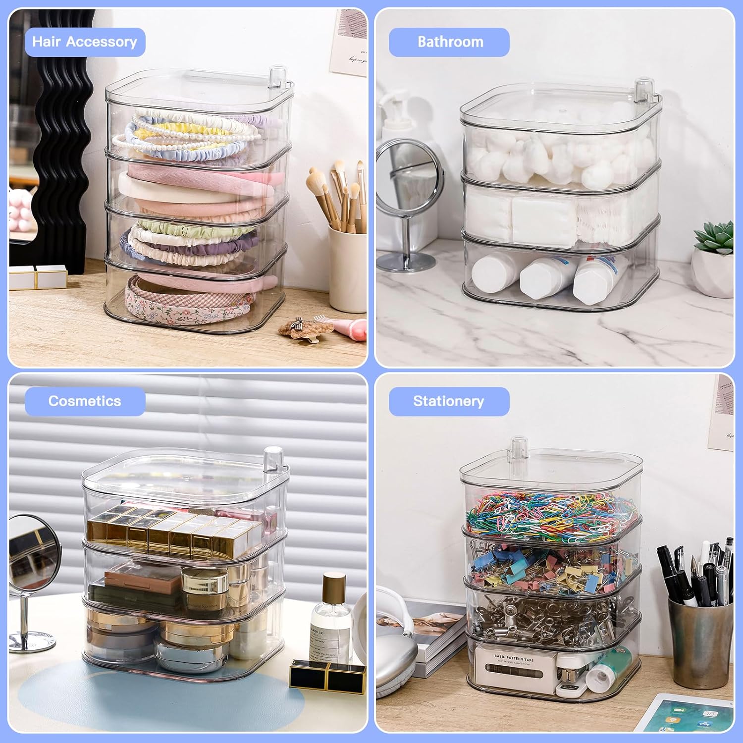 FABROK 4-Layer Girls Hair Tie Organizer, Rotating Hair Accessories Storage Holder for Vanity and Bathroom, Clear Plastic Container for Women Makeup Tools, Skincare Products