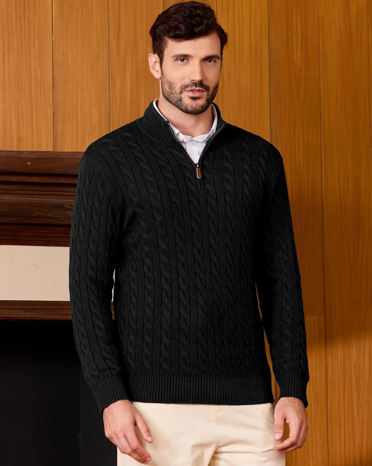 Kallspin Men's Quarter Zip Sweater Pullover Pure Cotton Cable Knit Long Sleeve Business Casual Knitwear - Image 6