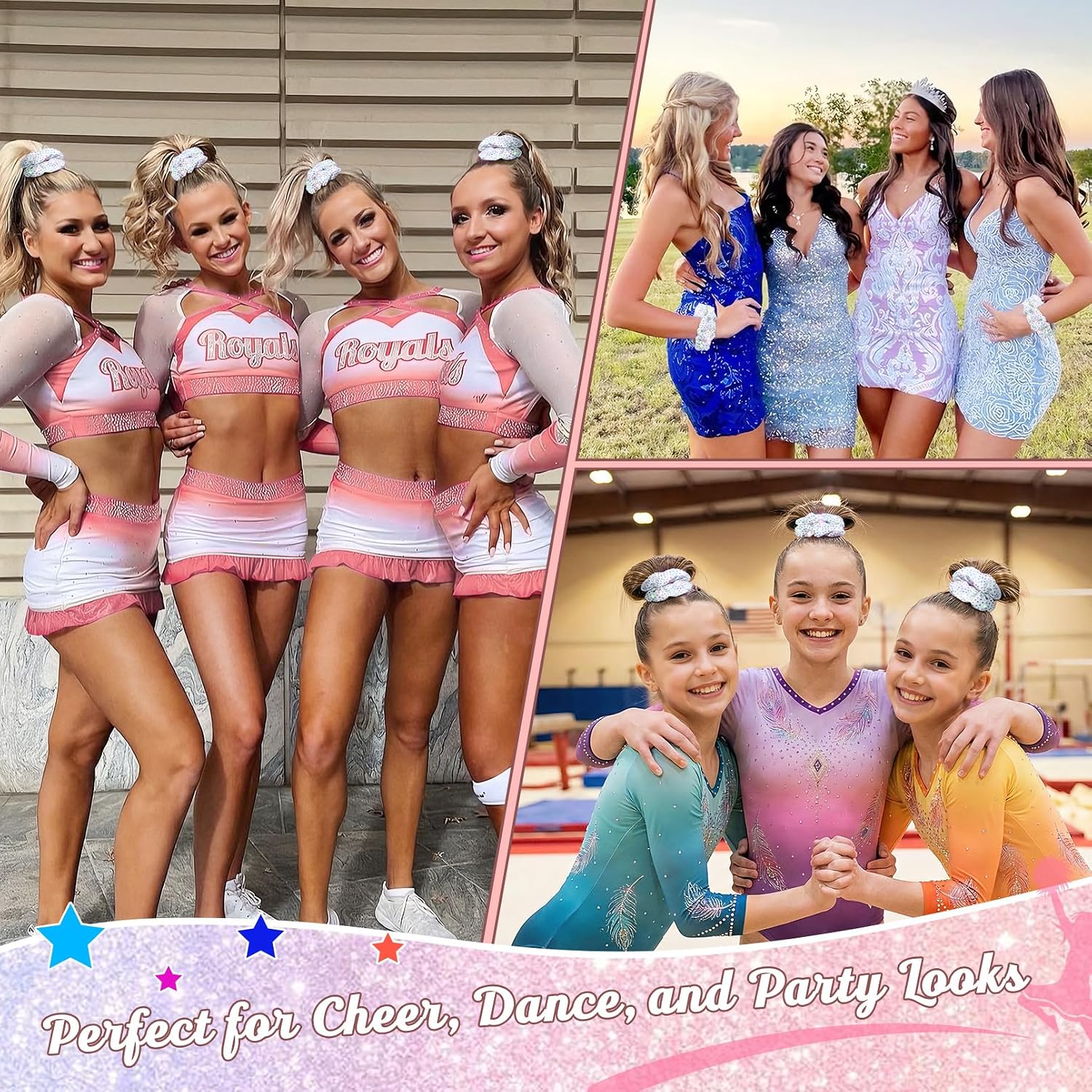 Glitter White Rhinestone Scrunchies for Cheer Competition Sparkly Cheerleading Scrunchie Hair Accessories Elastic Band for Cheerleaders Girls (White)