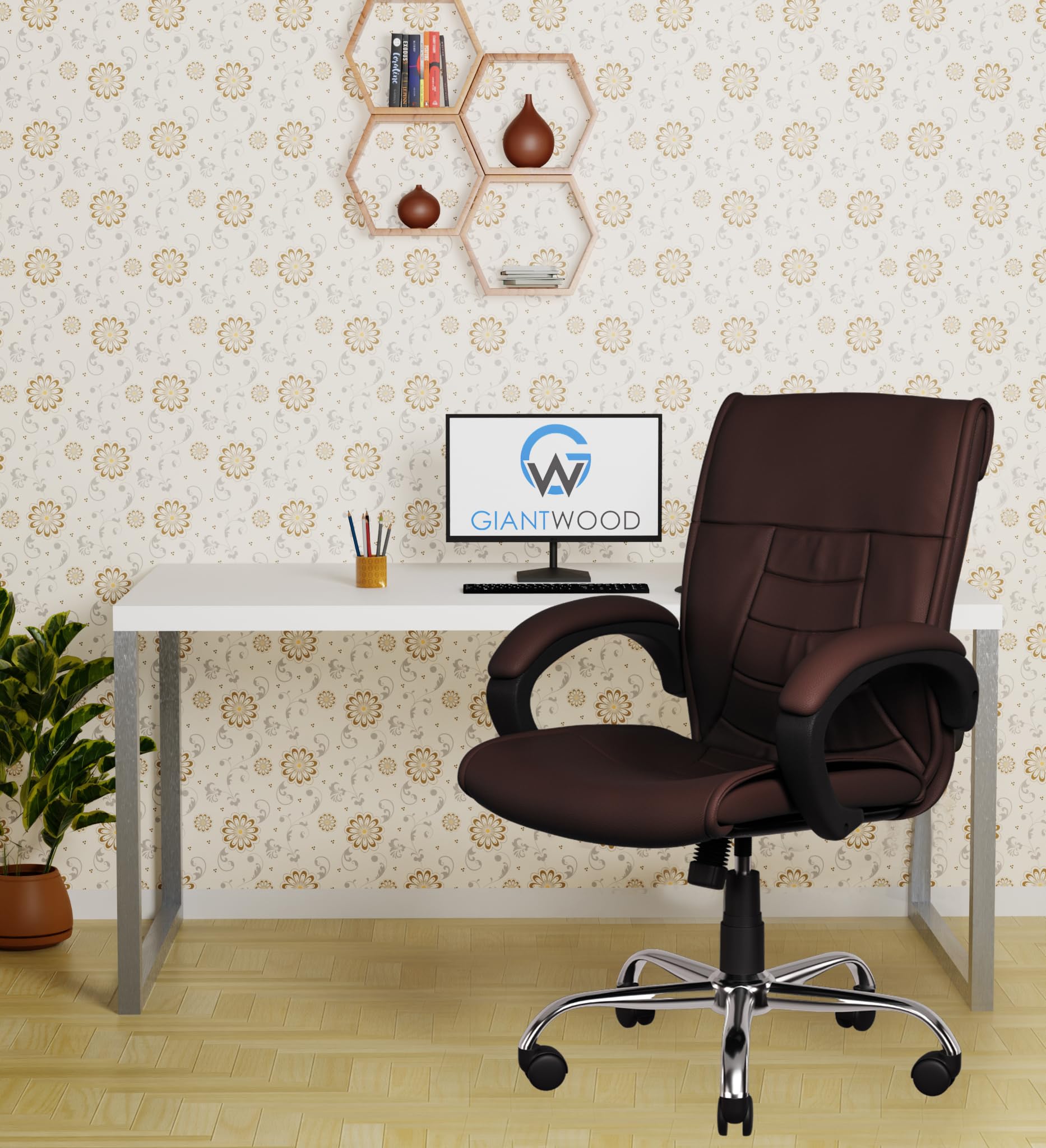 GIANTWOOD FlorisBR Medium Back Support Ergonomic Chair Multipurpose Visitor Executive Chair Study Chair with Armrest Revolving for Home Office (Brown) (B0CT2HBGMY) Amazon Price History, Amazon Price Tracker