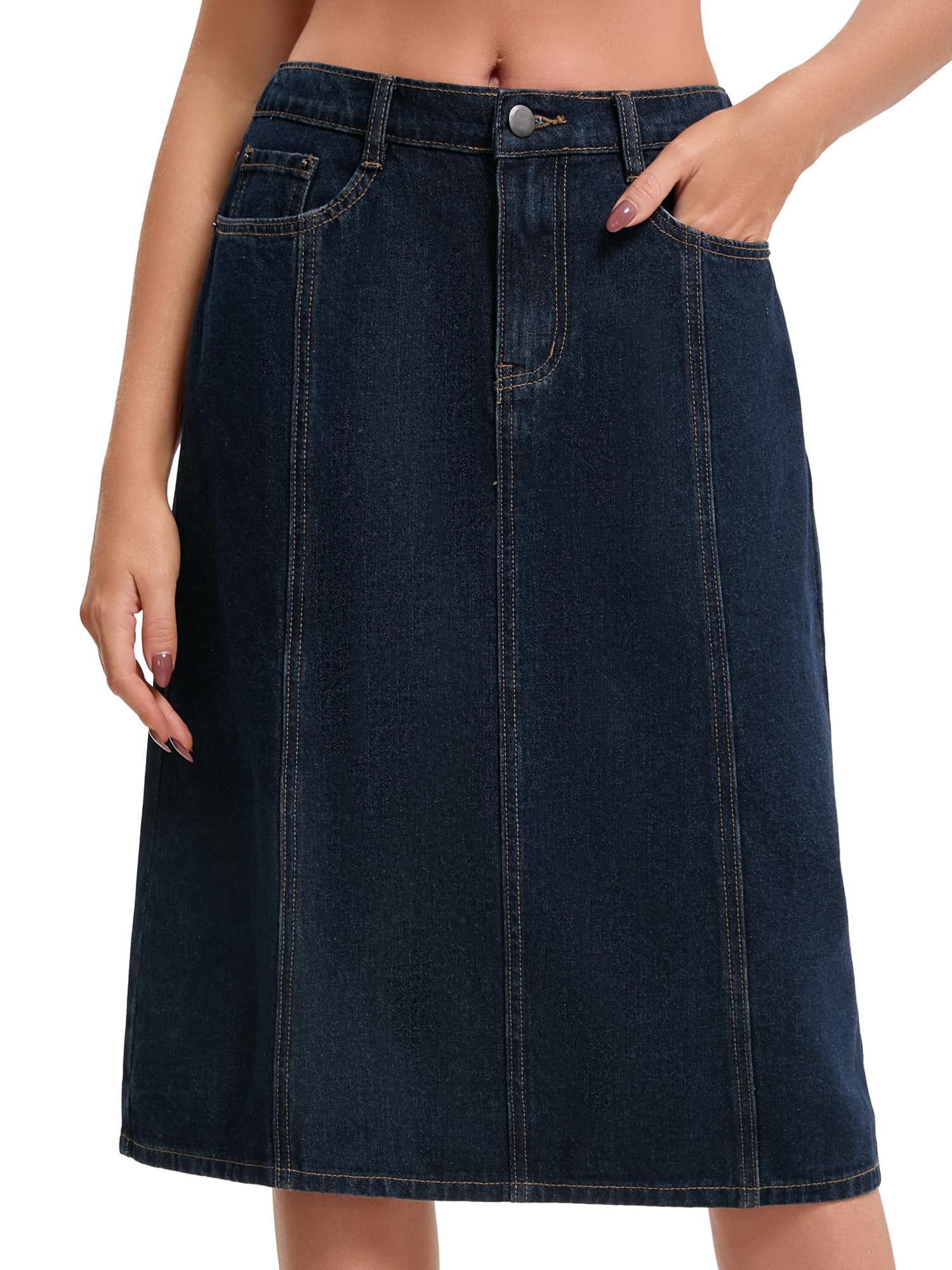 Womens Denim Skirt High Waisted A Line Elastic Back Waist Casual Knee Length Jean Skirts