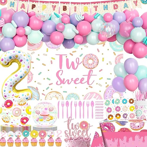 203 piezas de decoración de fiesta de cumpleaños, dona Fiesec, suministros de segunda fiesta para niña, telón de fondo, globo, guirnalda, mantel,