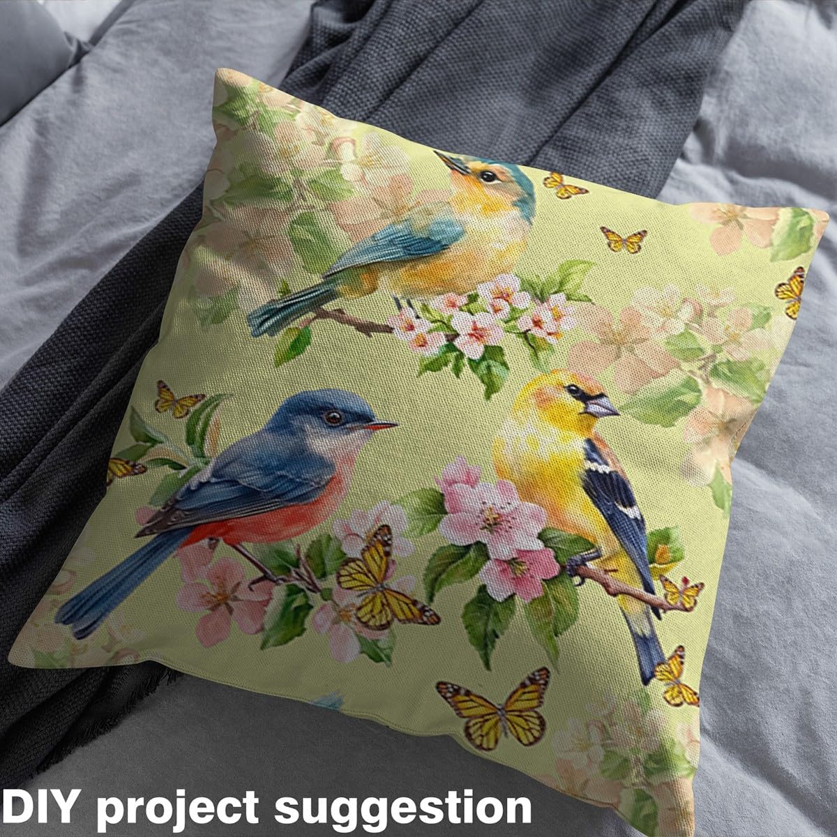 Cute Birds Fabric by The Yard Colorful Wild Animal Watercolor Flowers Fabric for Sewing Lovers Outdoor Buttefly Rustic Garden Style Fabric for Curtain and Home DIY Projects 5 Yards,180" L x 59" W