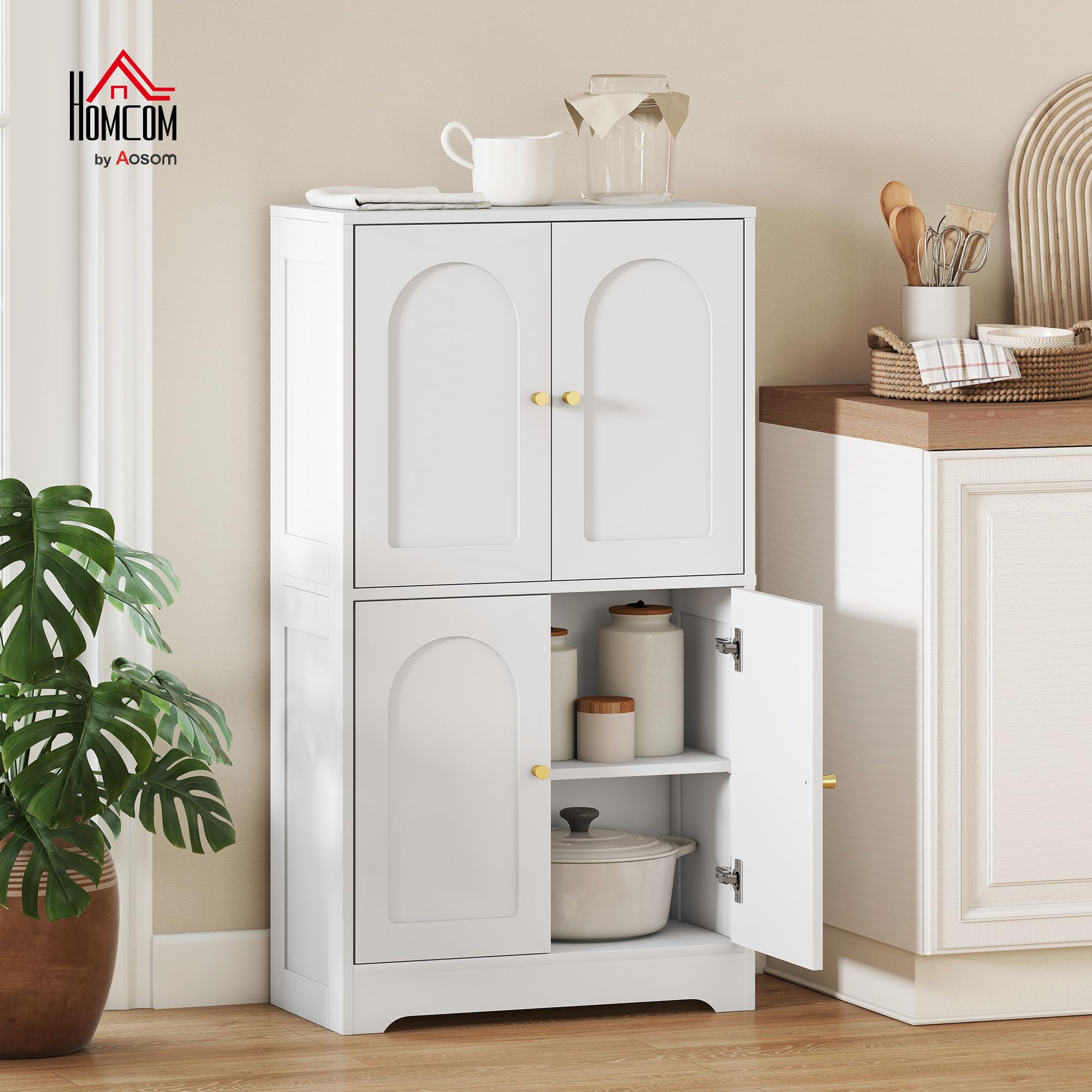 HOMCOM Küchenschrank, Hochschrank mit 2 verstellbaren Regalböden, Küchenbuffet Buffetschrank mit 4 gewölbten Türen, für Wohnzimmer, Weiß, 60 x 30 x 110 cm