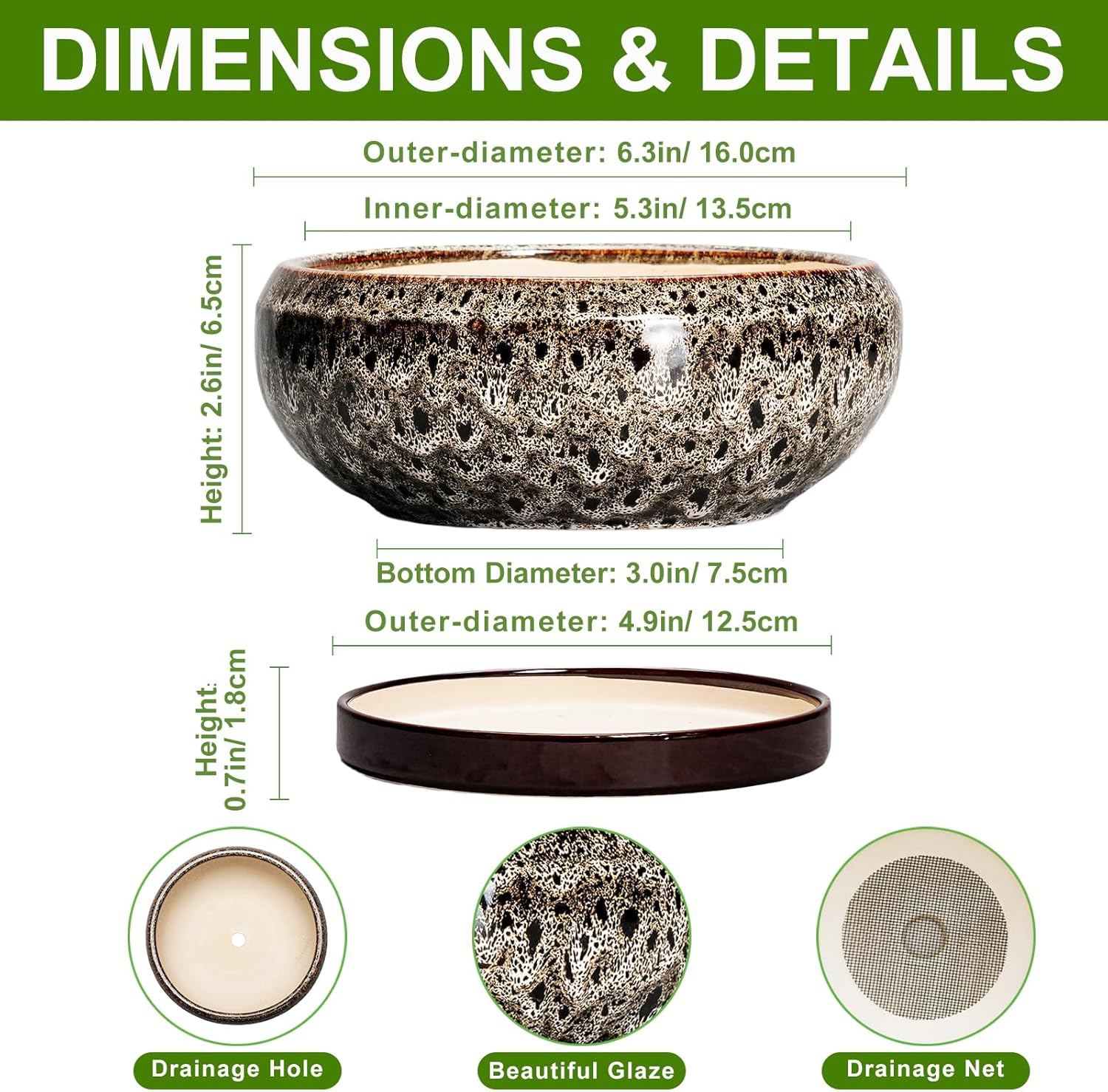 Succulent Planter 6 Inch - Ceramic Bonsai Pots with Drainage Hole and Tray, Shallow Plant Pot Indoor Outdoor, Cactus Succulent Pot, Round Bonsai Planter, Home Decor, Plant Lover Gift, White