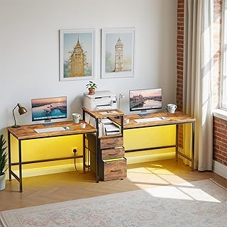 236cm Doppelter Bürotisch Schreibtisch mit Steckdosen, Computertisch mit Stoff Schubladen Stauraum&Druckerregal, LED Gaming Tisch mit Beleuchtung, Office Work Desk Arbeitstisch, Industrieholz