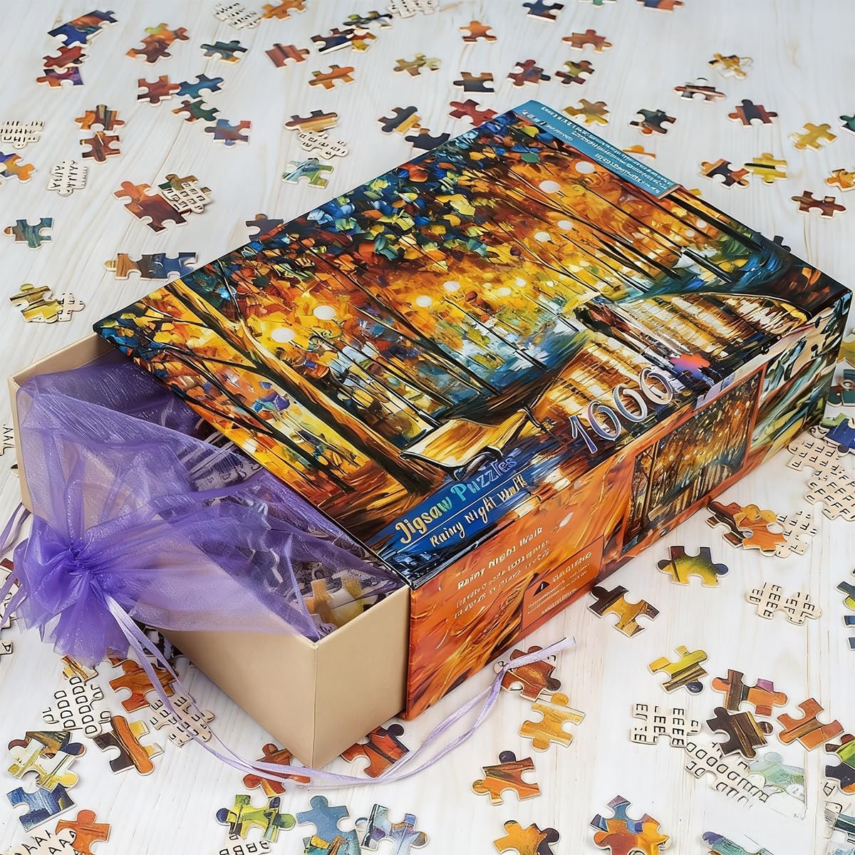 Ingooood Wooden Jigsaw Puzzles for Adults 1000 Pieces - Rainy Night Walk by Leonid Afremov - Challenging Wooden Puzzles for Game Nights
