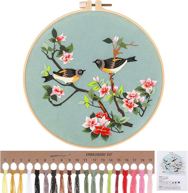 MWOOT DIY Embroidery Full Series Kits are Suitable for Adult Beginners, Cross Stitch Kits with Flowers and Birds Pattern, 20 cm Embroidery Hoop and Needle Thread