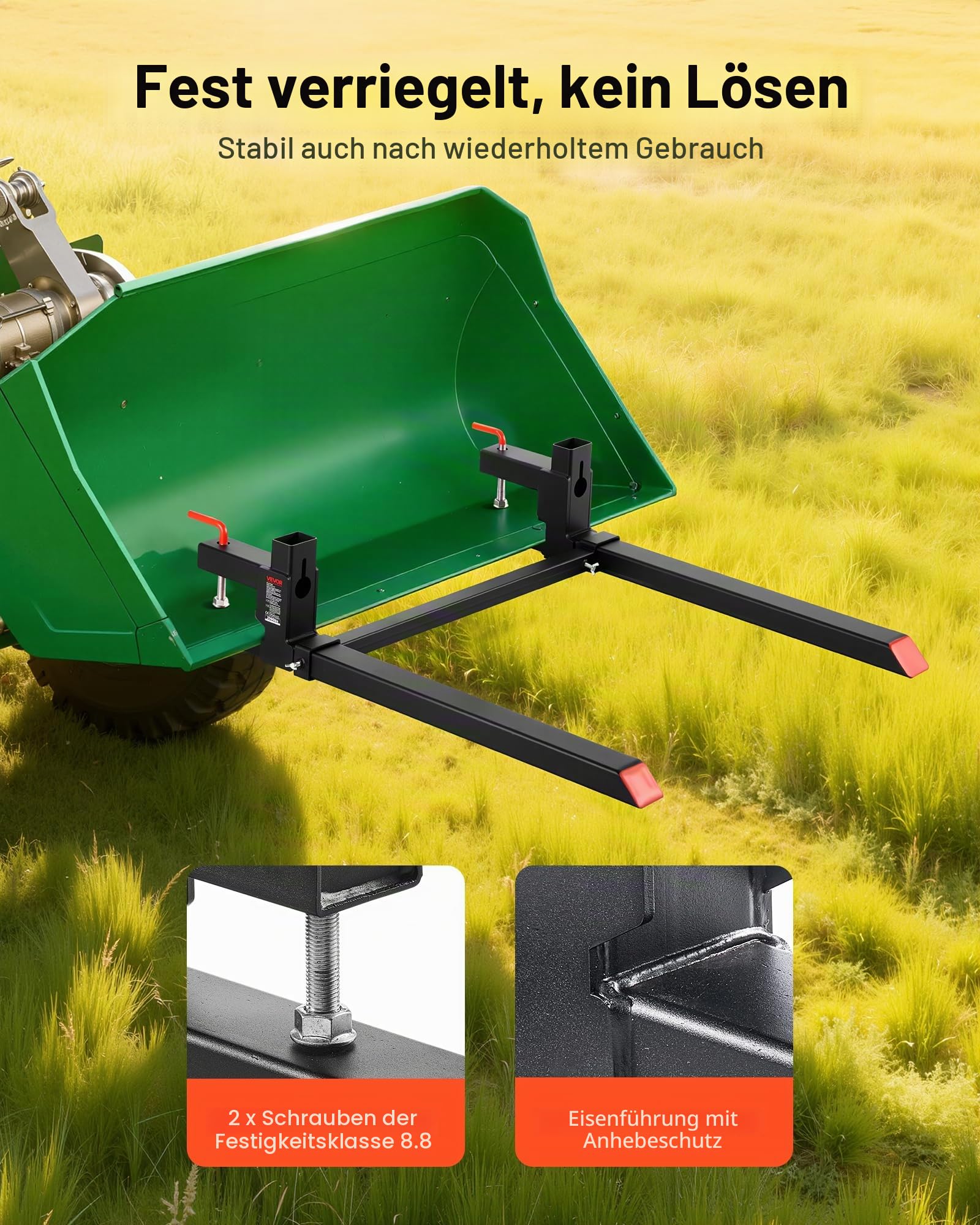VEVOR Palettengabeln 907 kg, Gabelträger zum Anklemmen, 1090 mm Gesamtlänge, Gabelzinken mit verstellbarer Stabilisatorstange für Traktoranbaugeräte, Ladeschaufel und Kompaktlader, Schwarz