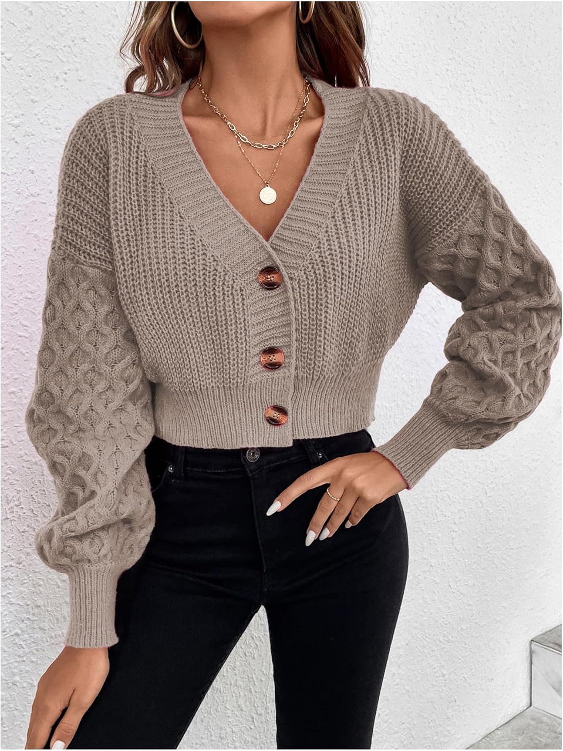 GORGLITTER Women's Long Sleeve Button Up Cropped Cardigan Fall Sweaters Drop Shoulder Knitted Sweater Trendy - Image 6