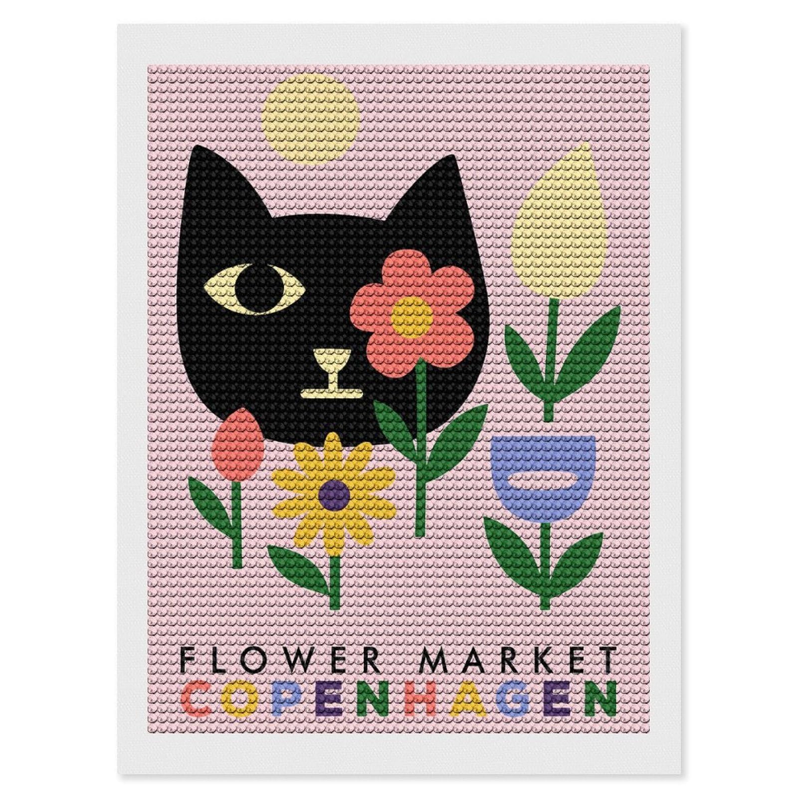 Junmoney Flower Market Copenhagen Cat Art Diamond Art Canvas 12"x16", for Adults, Pleasing Wall Art Project, Modern Decor, Gift Idea, Nice Detail and Sparkle