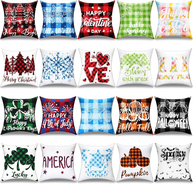 20 Pcs Holiday Pillow Covers 18 x 18 Christmas Throw Pillow Covers Black White Buffalo Plaid Seasonal Pillowcases Decorative Cushion Pillowcases for Christmas Winter Home Couch Sofa Decor