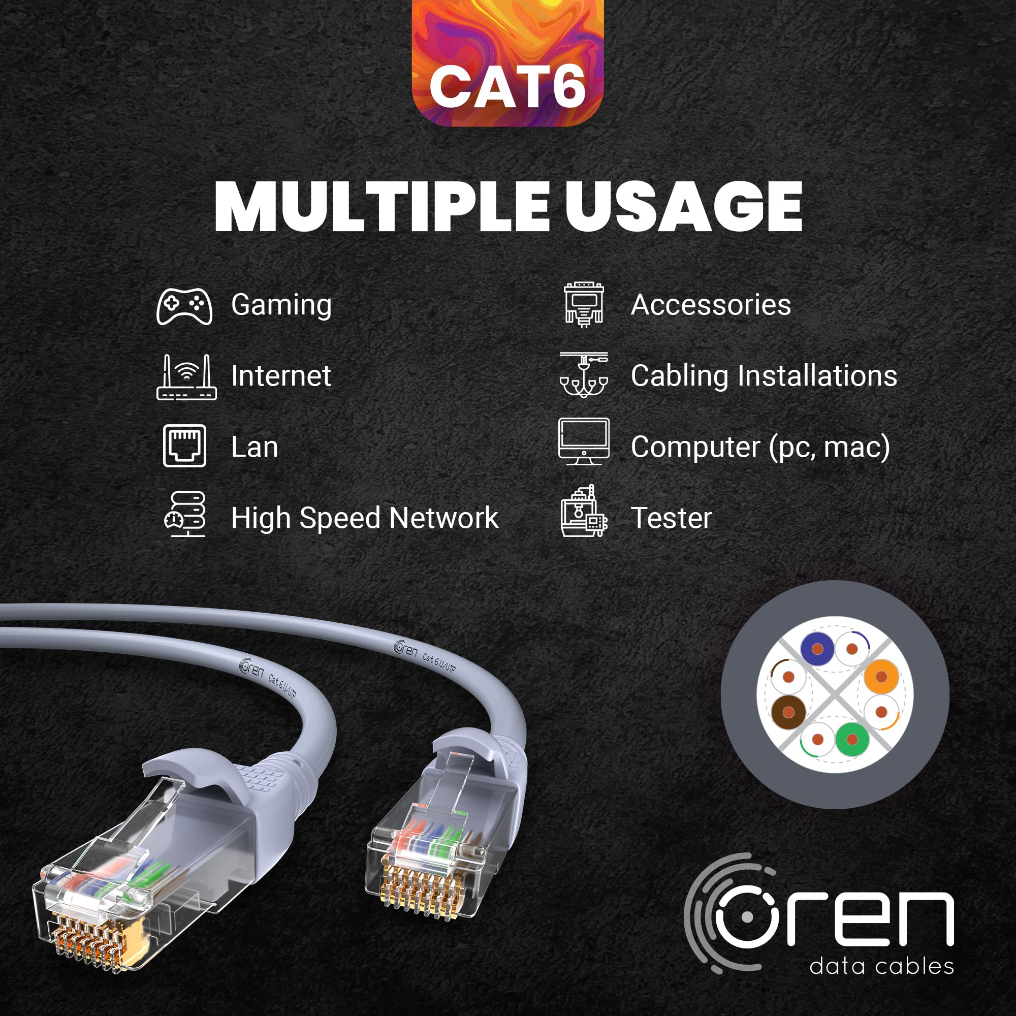 Oren Cable LAN Ethernet CAT6 de 30 m, cable de conexión, alta velocidad de 10 Gbps, cobre puro trenzado de 24 AWG, cable de red premium con conector RJ45 | Internet, banda ancha, LAN, cable de red