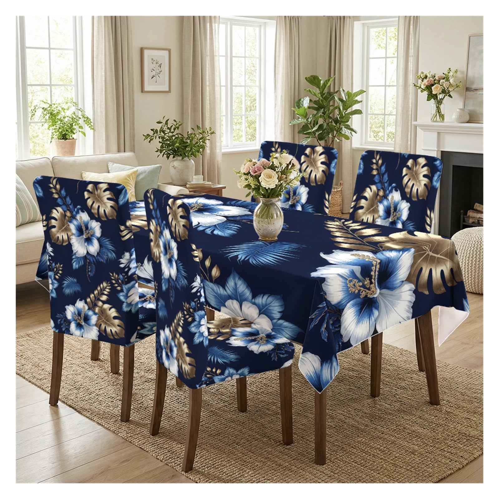 KXUAUV Navy Blue Tropical Floral Print Tablecloth & Chair Covers Set, Slipcovers For Dining Room, Kitchen, Beach & Party Decor, 5/7 Pack Party Decor(5pcs Set: Tablecloth+Chair Covers)