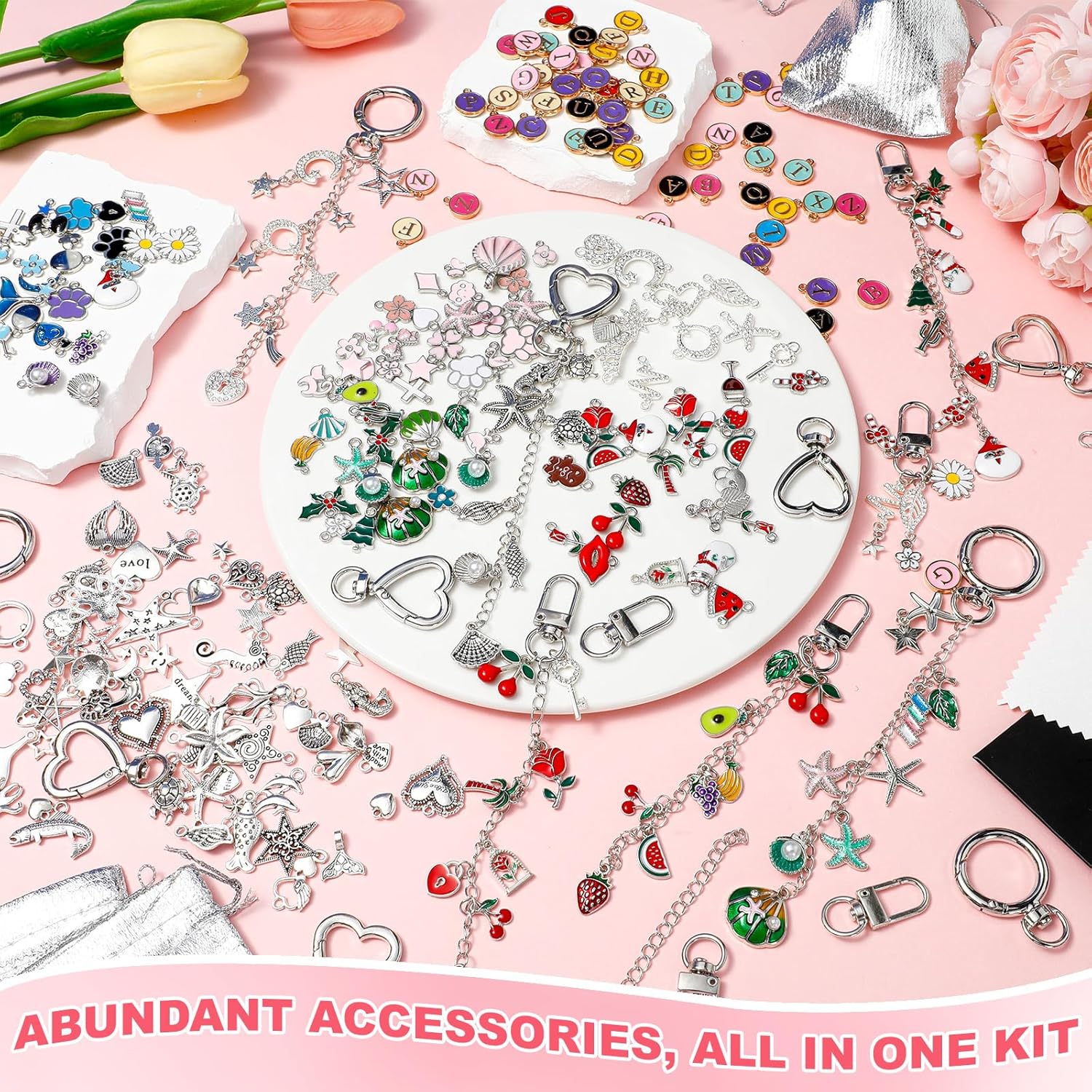 Misdary 800 Pcs Keychain Making Kit with Charms, Including 230 Charms 30 Keychain Clips 31 Extender Chains 470 Jump Rings and Jewelry Plier for Bracelet Earrings Lip Gloss Jewelry DIY Craft (Silver)