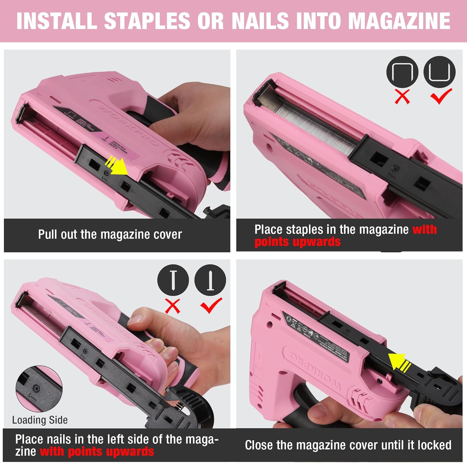 Four-panel diagram showing how to load staples and nails into the magazine