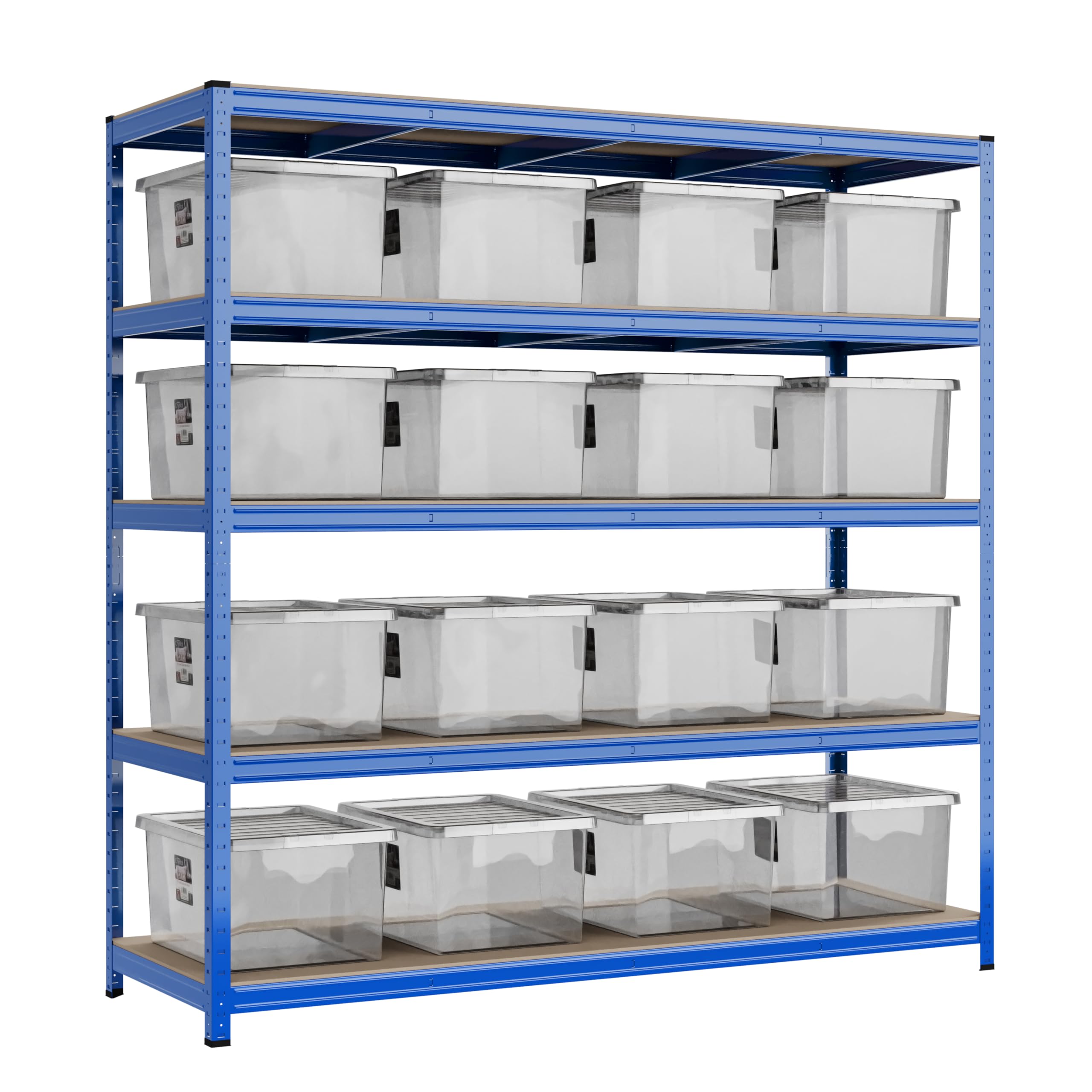 Racking Solutions Heavy Duty Garage Shelving Unit 200KG Per Shelf With Wham Bam Storage Boxes 1000KG Weight Capacity (1800mm H x 1800mm W x 600mm D)