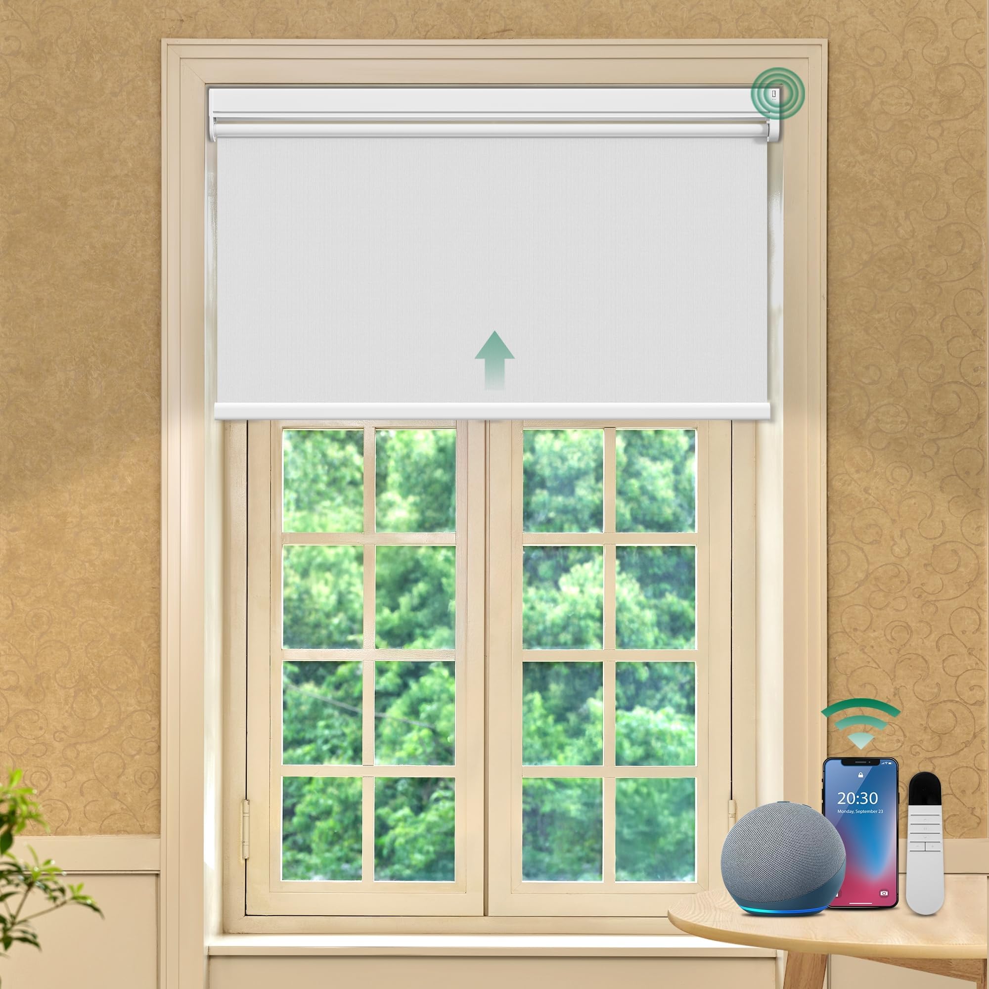 Allesin Motorized Roller Blinds with Remote Control for Windows, Blackout Smart Roller Shade, Battery Powered Electric Smart Blind (White,H72 x W34)