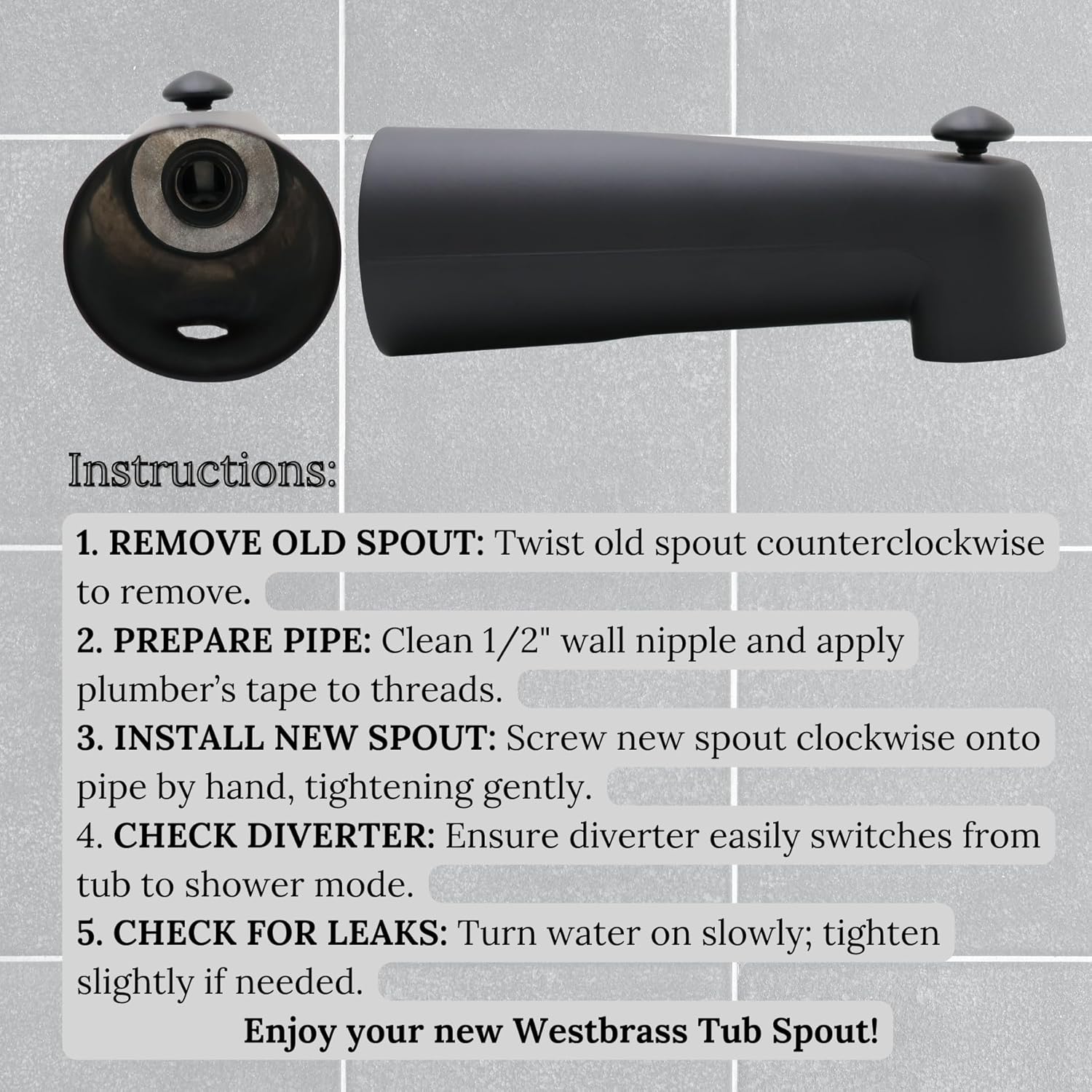 Westbrass E507D-1F-62 7" Reach Wall Mount Tub Spout with Diverter, Matte Black