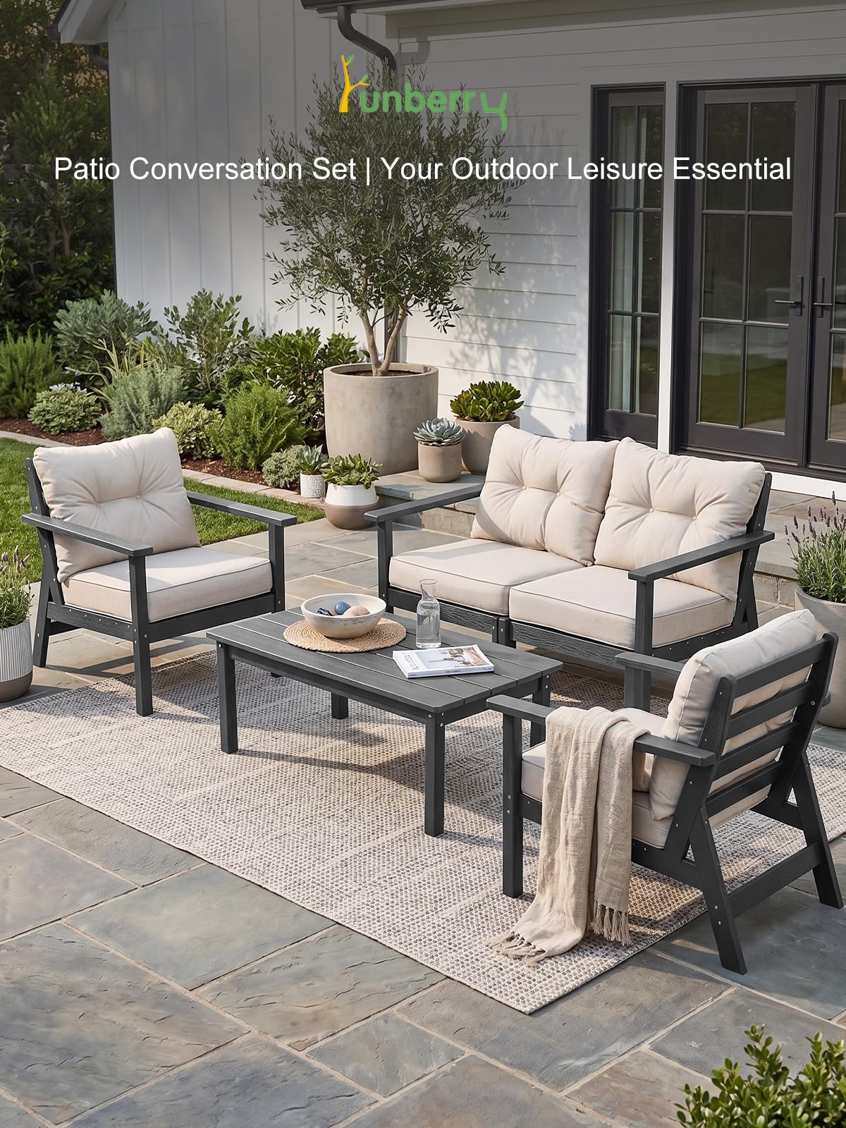 HDPE Patio Conversation Set 7 Seats, Outdoor Furniture Set, Patio Sofa Set | Water-Resistant Thick Cushion, HDPE All Weather, Wood-Grain, No Rot or Rust or Crack, UV Fade Shield, Easy-Clean for Outside