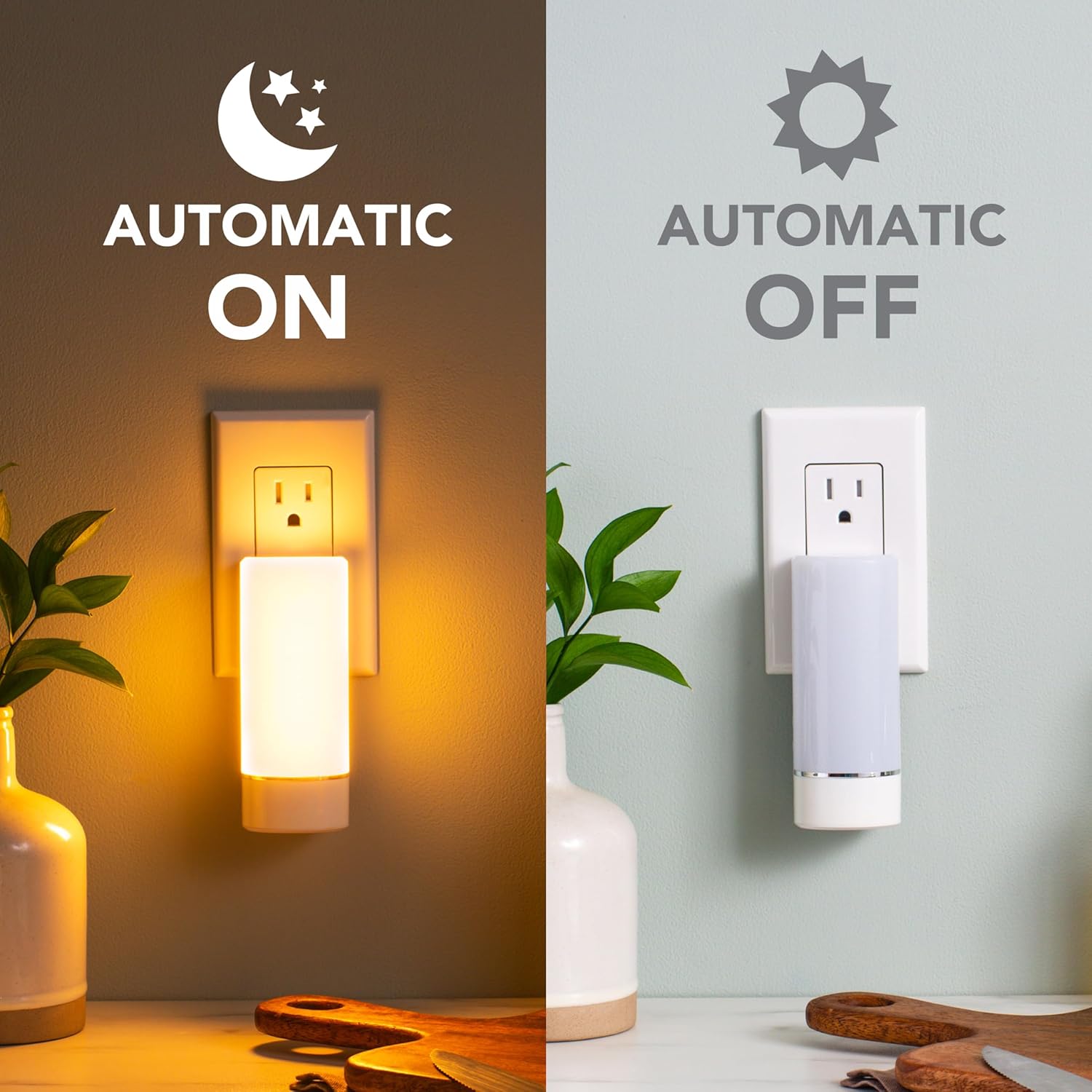 Two images side-by-side. Left shows a night light on in a dim room with 'AUTOMATIC ON' text. Right shows the same night light off in a bright room with 'AUTOMATIC OFF' text.