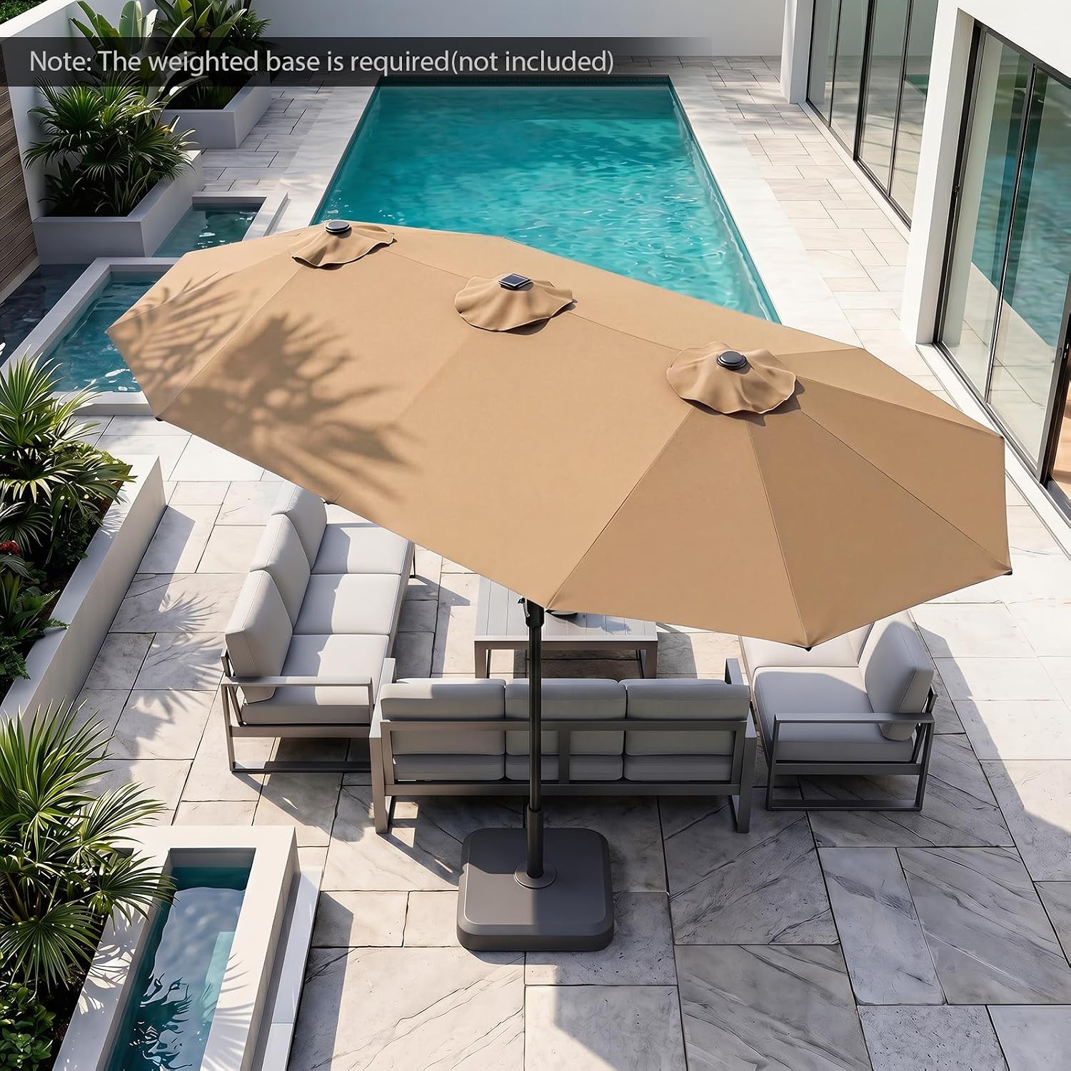 Tangkula 13 Ft Solar Patio Umbrella, Double-Sided Extra Large Outdoor Market Table Umbrella with 36 LED Lights, Crank Handle, 12 Sturdy Ribs for Poolside, Garden & Backyard (Tan)