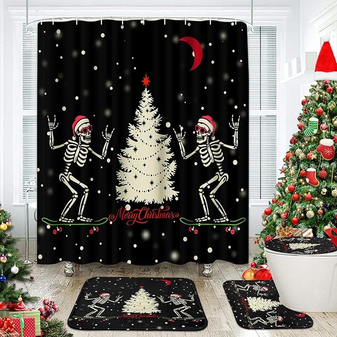 ArtSocket Christmas Bathroom Set with Shower Curtain and Rugs and Accessories, Cute Skull Skeleton Santa Black, Winter Shower Curtains for Bathroom Decor 4 Pcs