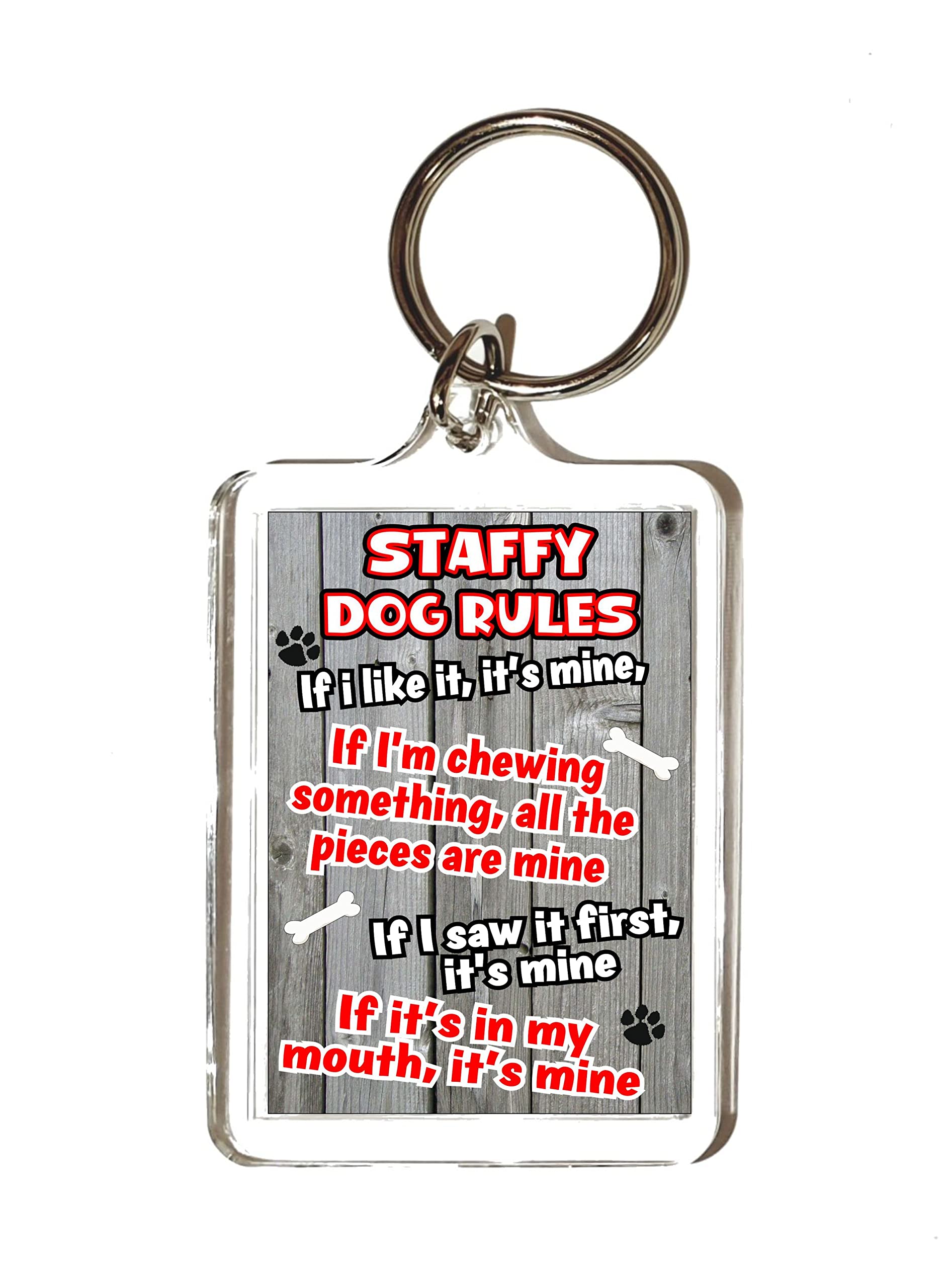 Decalarama Clear Fun Staffy Keyring – Dog Rules - If I Like It It's Mine - Cute Animal Novelty Pet Birthday Gift