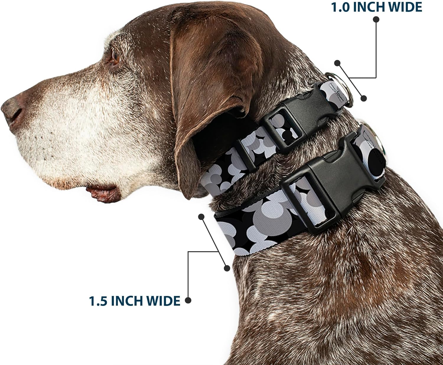 Buckle-Down "Mickey Mouse Head Stacked" Plastic Clip Collar, Black/Grays, 1.5" Wide-Fits 18-32" Neck-Large