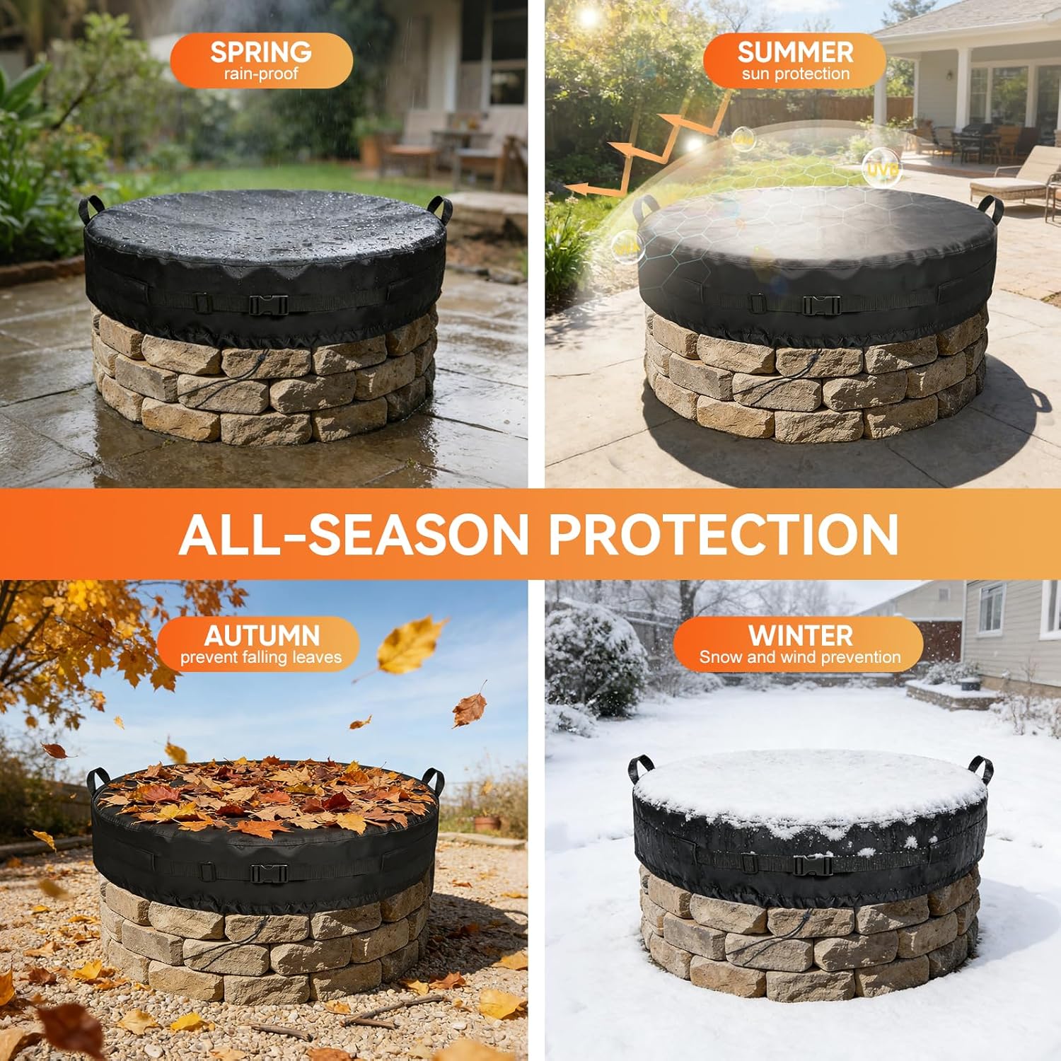 Onlyme Fire Pit Cover Round for In-Ground Fire Pits, 62-66 Inch Weather-resistant Large Round Stone Outdoor Firepit Cover for Garden Patio Backyard, 66*9Inches, Black