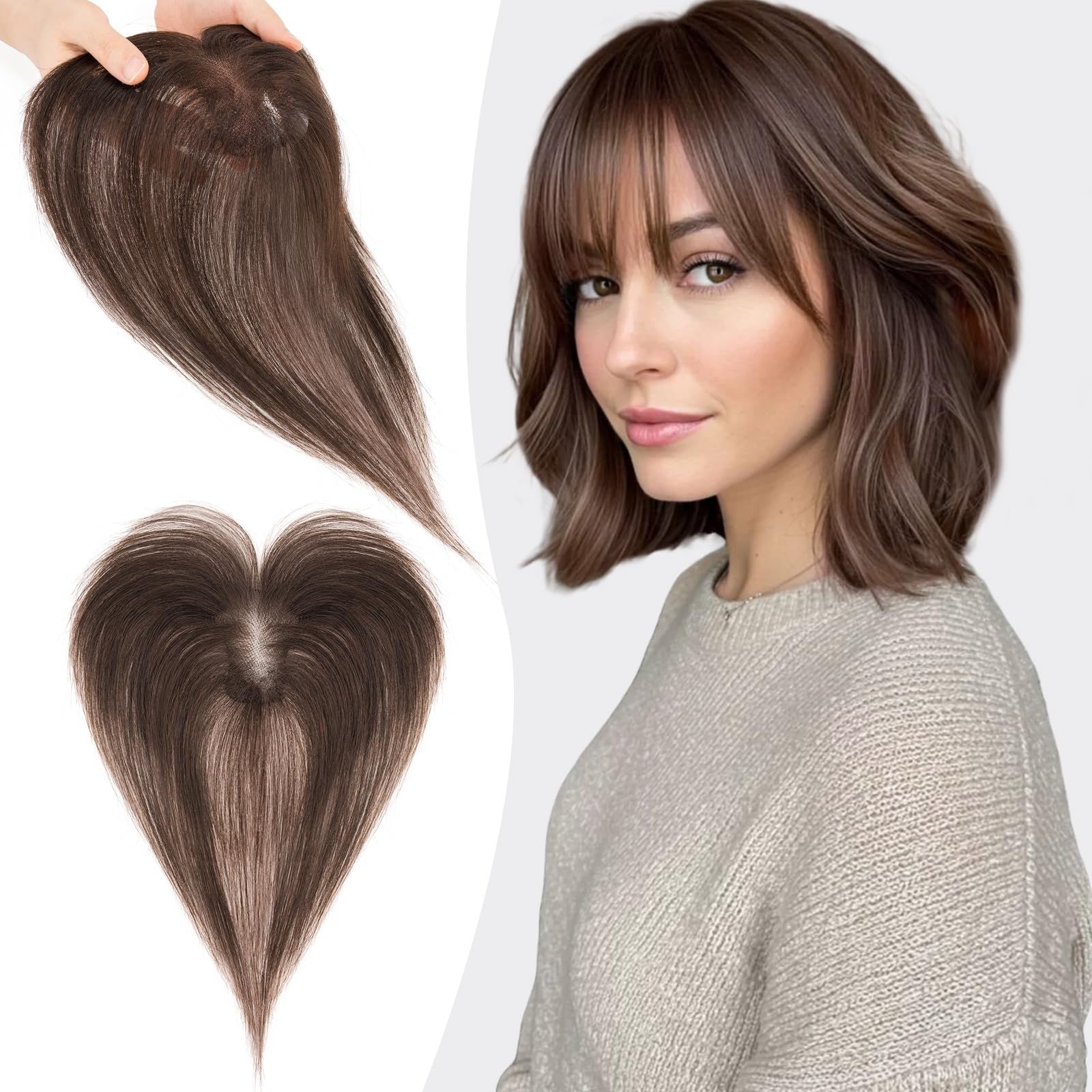 S-noilite Echthaar Toupets für Frauen Dunkelbraun - 9x12cm T-Sharp Haar Toppers Clip in Haarteile Echthaar mit Wispy Pony 13 Gramm
