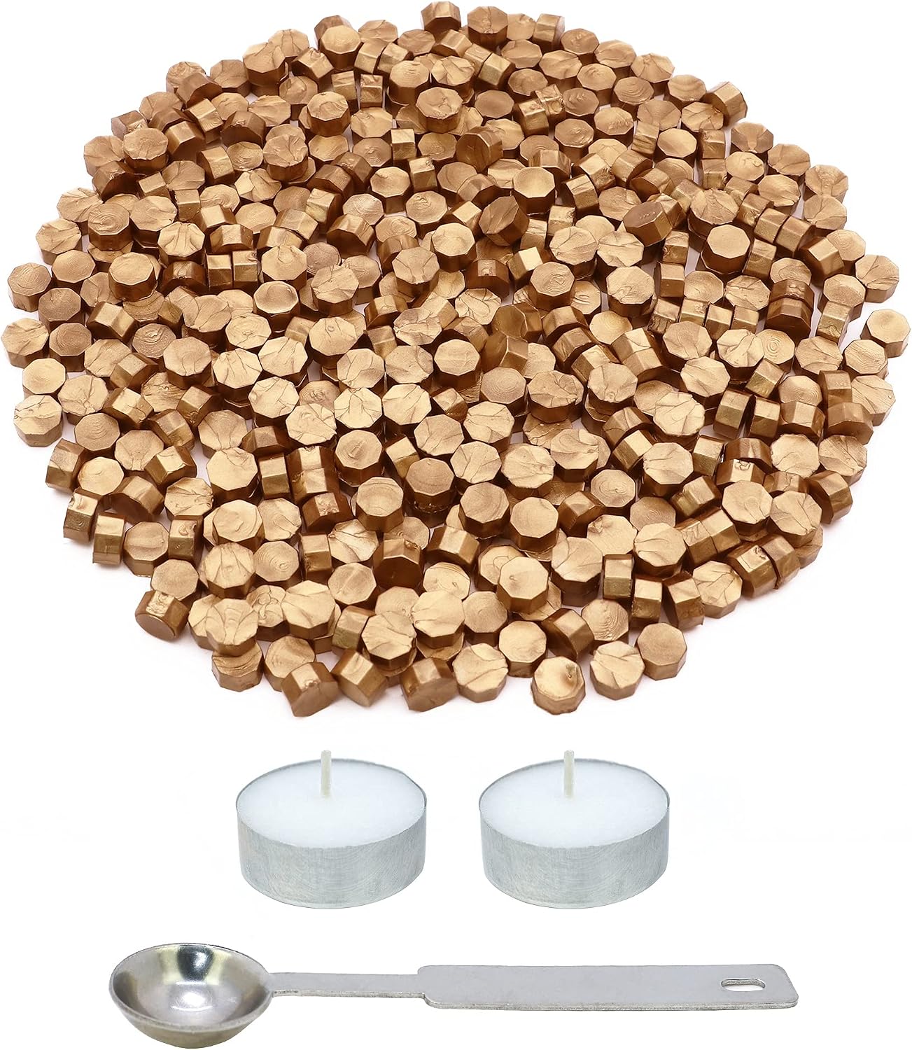 SWANGSA 360 Pieces Metallic Antique Gold Sealing Wax Beads Kit with 2 Pieces Tea Candles and 1 Piece Wax Melting Spoon for Wax Seal Stamp (Metallic Antique Gold)