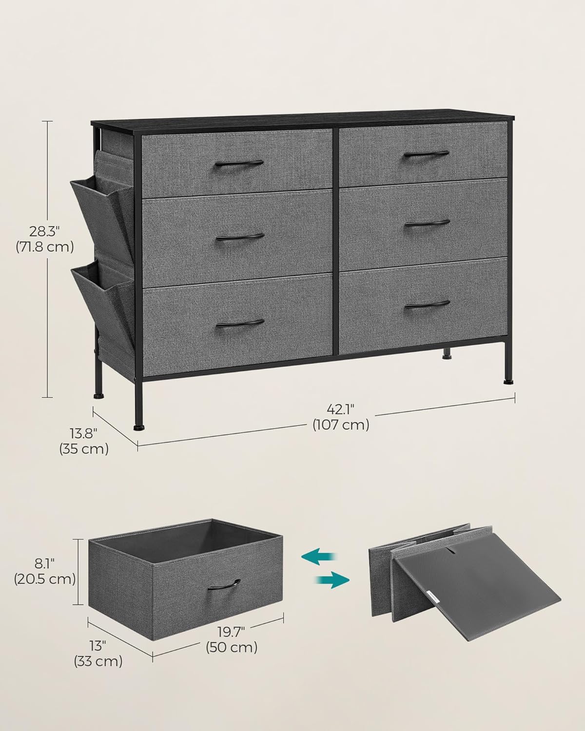 SONGMICS 6-Drawer Dresser for Bedroom, Chest of Drawers with Side Pockets, Drawer Dividers, Fabric Storage Organizer for Closet, 13.8 x 42.1 x 28.3 Inches, Charcoal Gray and Slate Gray ULTS823G22
