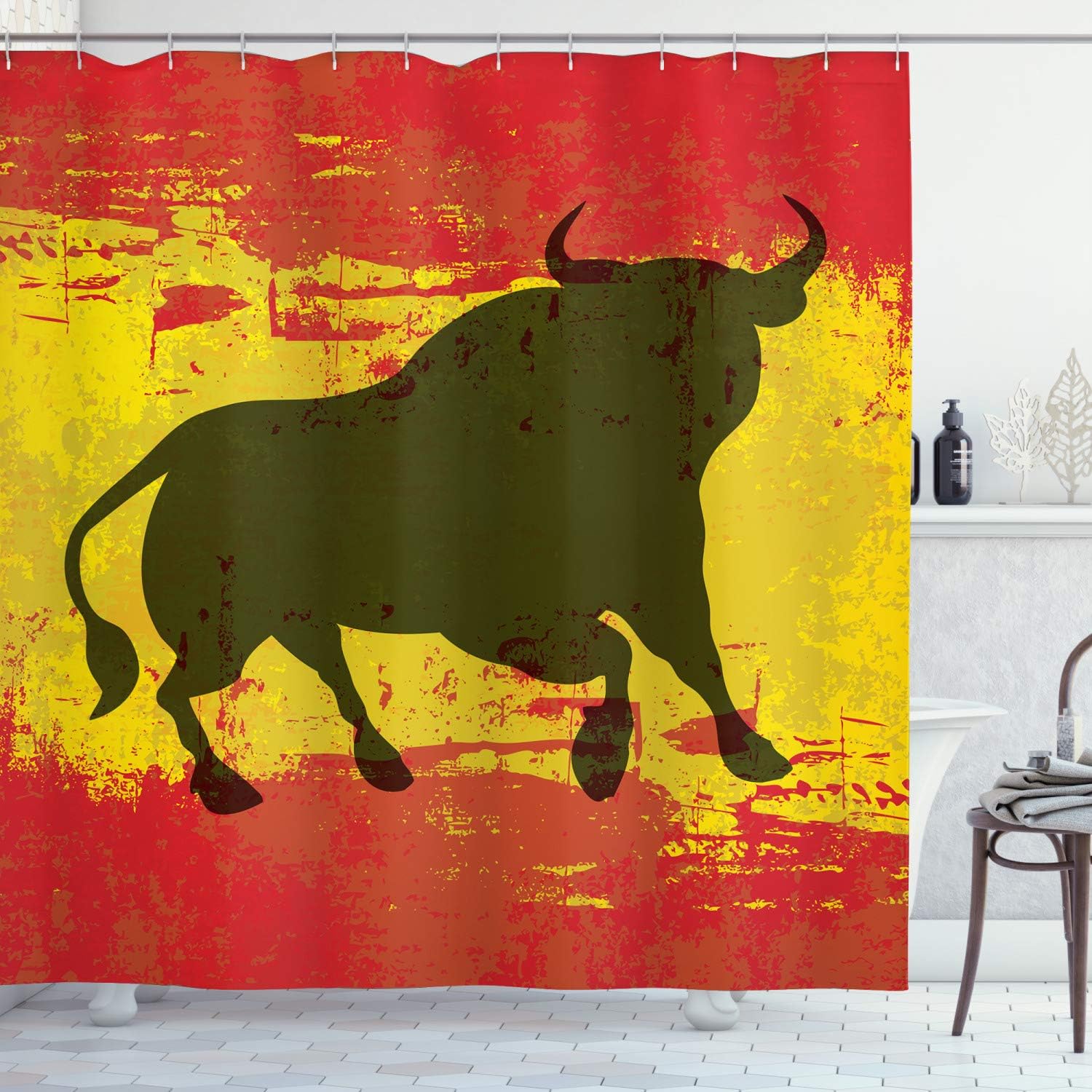 Ambesonne Spanish Shower Curtain, Bull Silhouette on Spanish Flag Grunge National Elements Paint Stains, Cloth Fabric Bathroom Decor Set with Hooks, 69" W x 70" L, Vermilion Yellow Umber