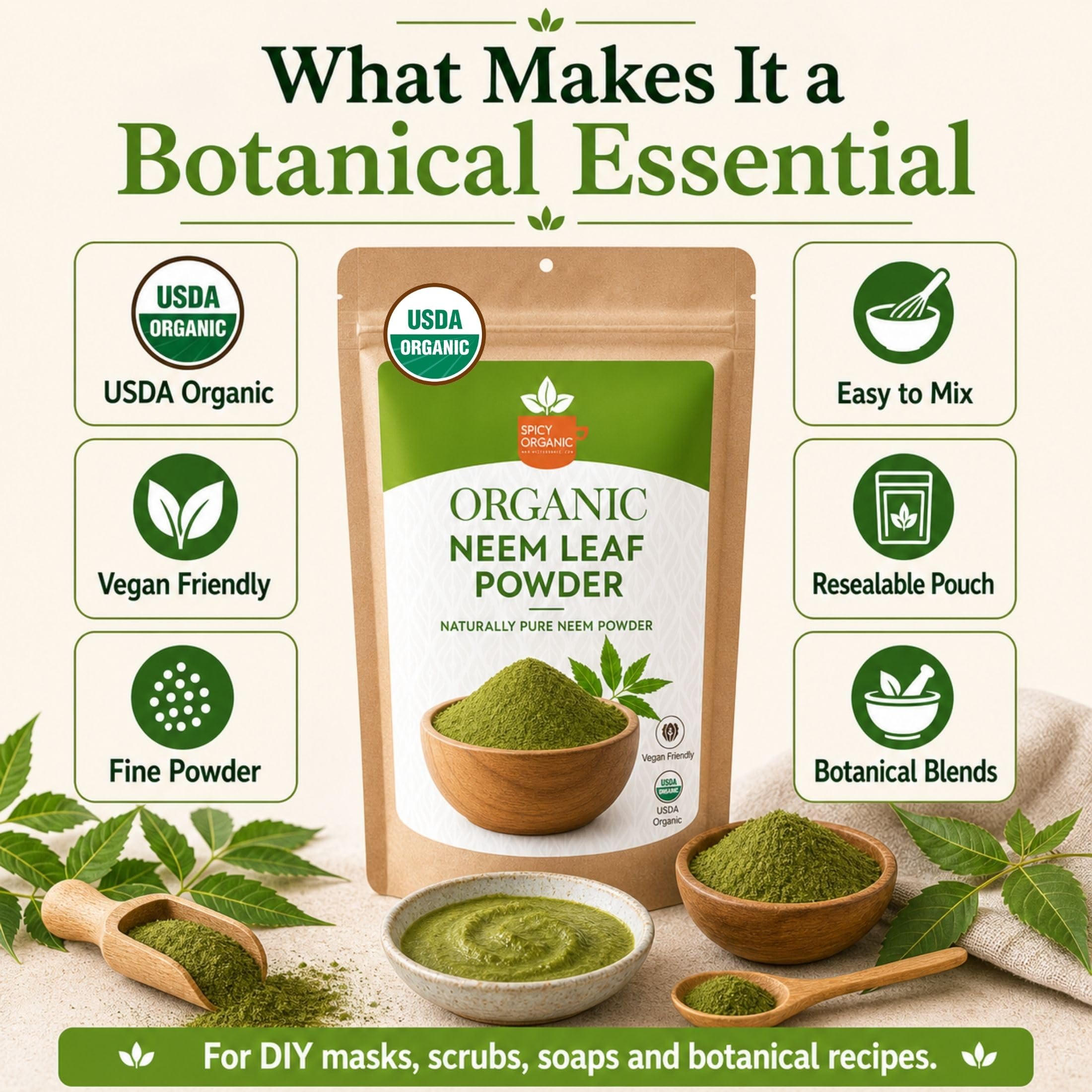 SPICY ORGANIC Neem Powder – 16 oz. - Certified USDA Organic -Non-GMO - Fresh Dried Neem Leaves Powder for Healthy Hair and Skin - Azadirachta Indica Ayurvedic Herb for Overall Wellbeing — Amazon image 4