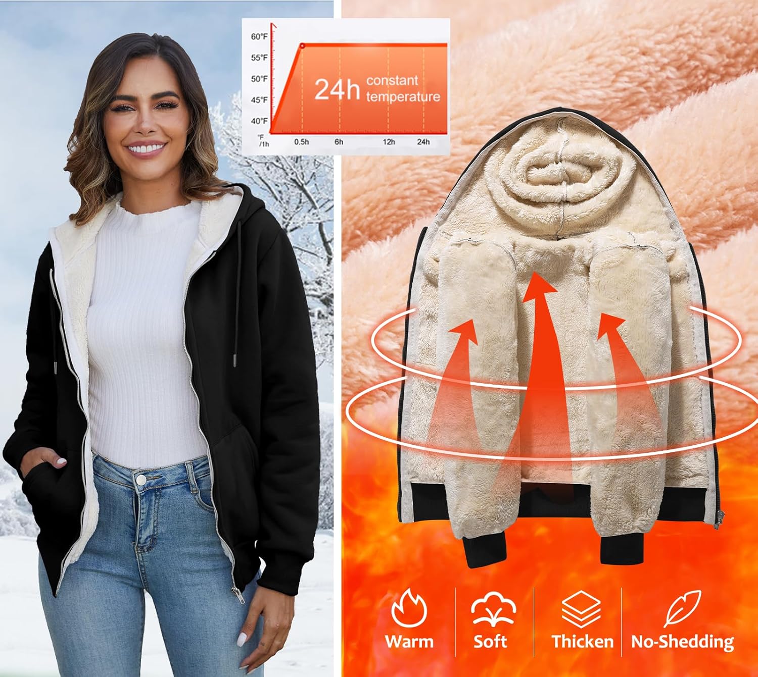 Flygo Women Winter Hoodies Zip Up Fleece Sherpa Lined Warm Sweatshirts Jacket - Image 5