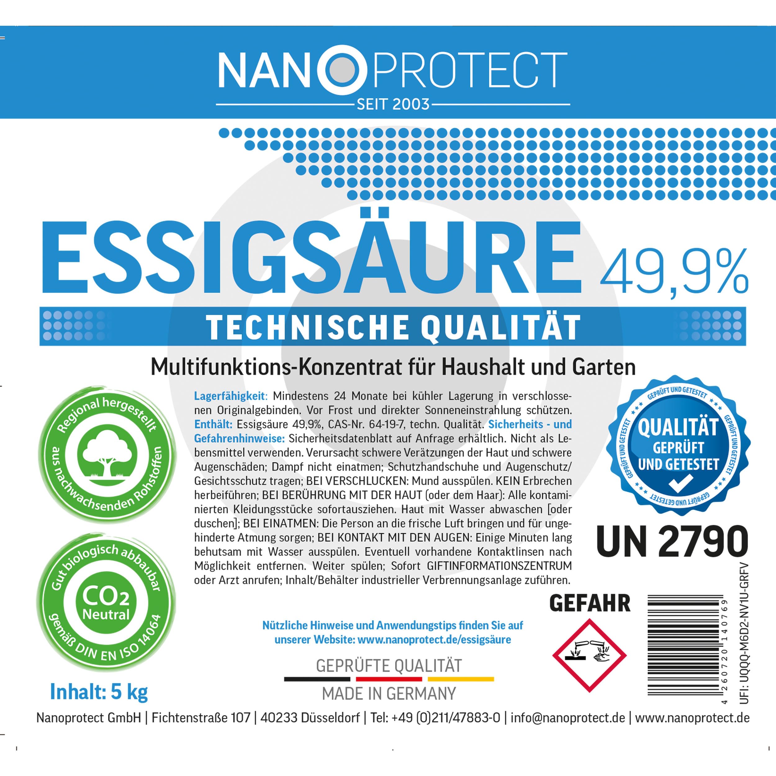 Nanoprotect Essigsäure 49,9% Klimaneutral - 20 kg | Ideal als Reiniger und Entkalker | Für Haus und Garten | Premium Qualität – Made in Germany