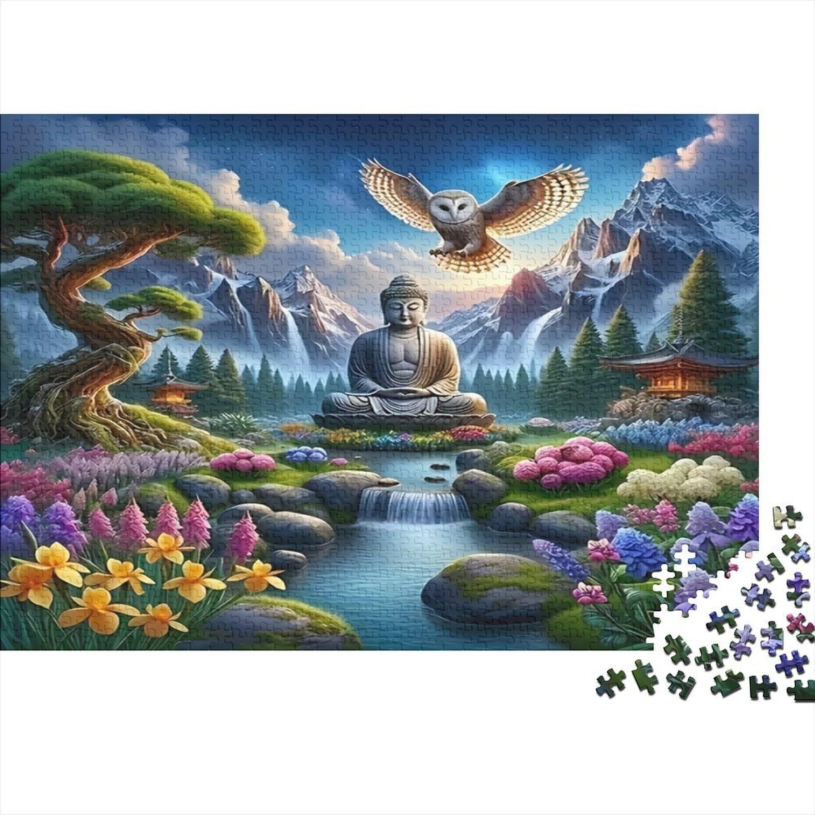 Buddha Garden Owl 1000 Piece Jigsaw Premium Cardboard for Family Buddha by Stream Precise Interlocking Brain Training Digital Detox Activity Gift Set 38x26cm/1000pcs